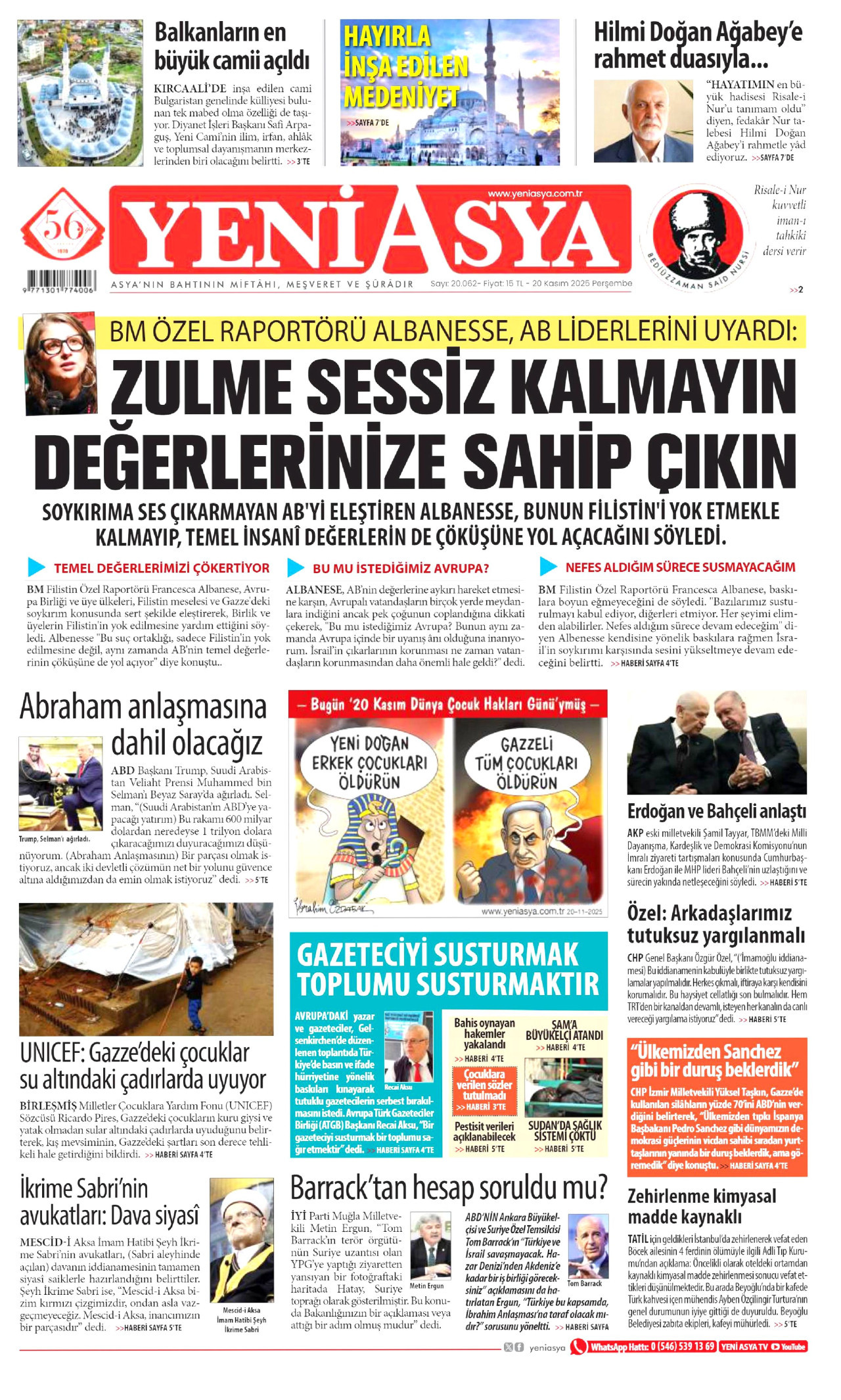 YENİ ASYA gazetesinin 20 Kasım 2025 tarihli birinci sayfası