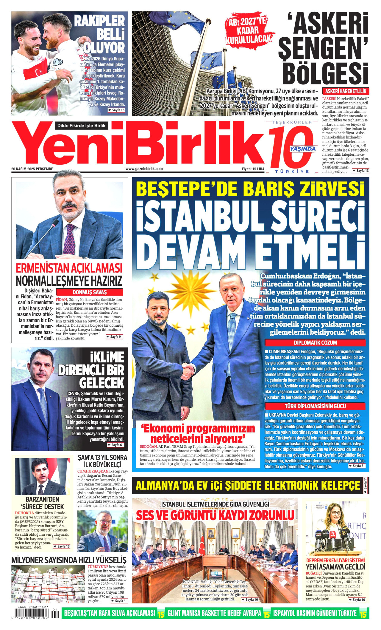 YENİBİRLİK gazetesinin 20 Kasım 2025 tarihli birinci sayfası