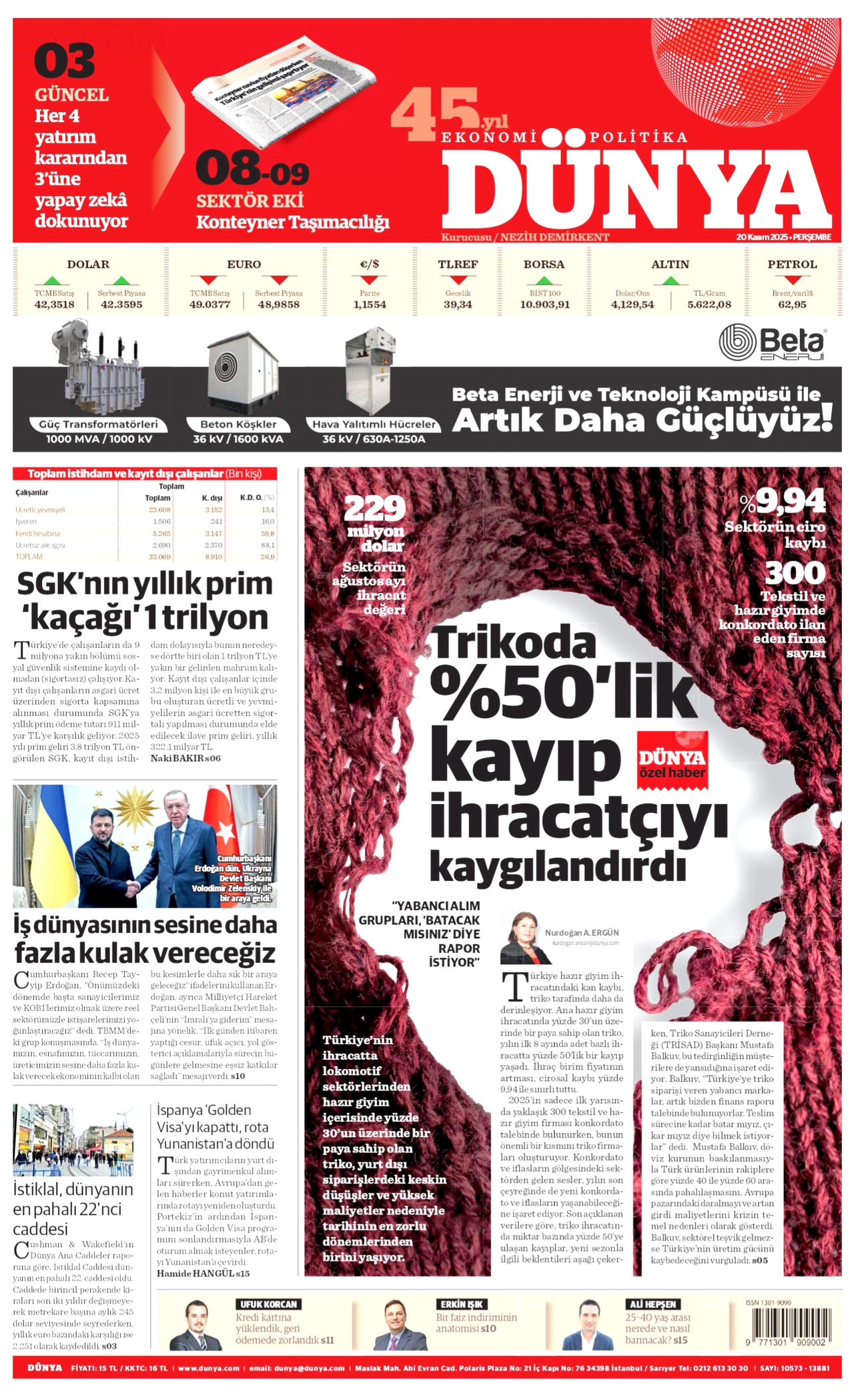 DÜNYA gazetesinin 20 Kasım 2025 tarihli birinci sayfası