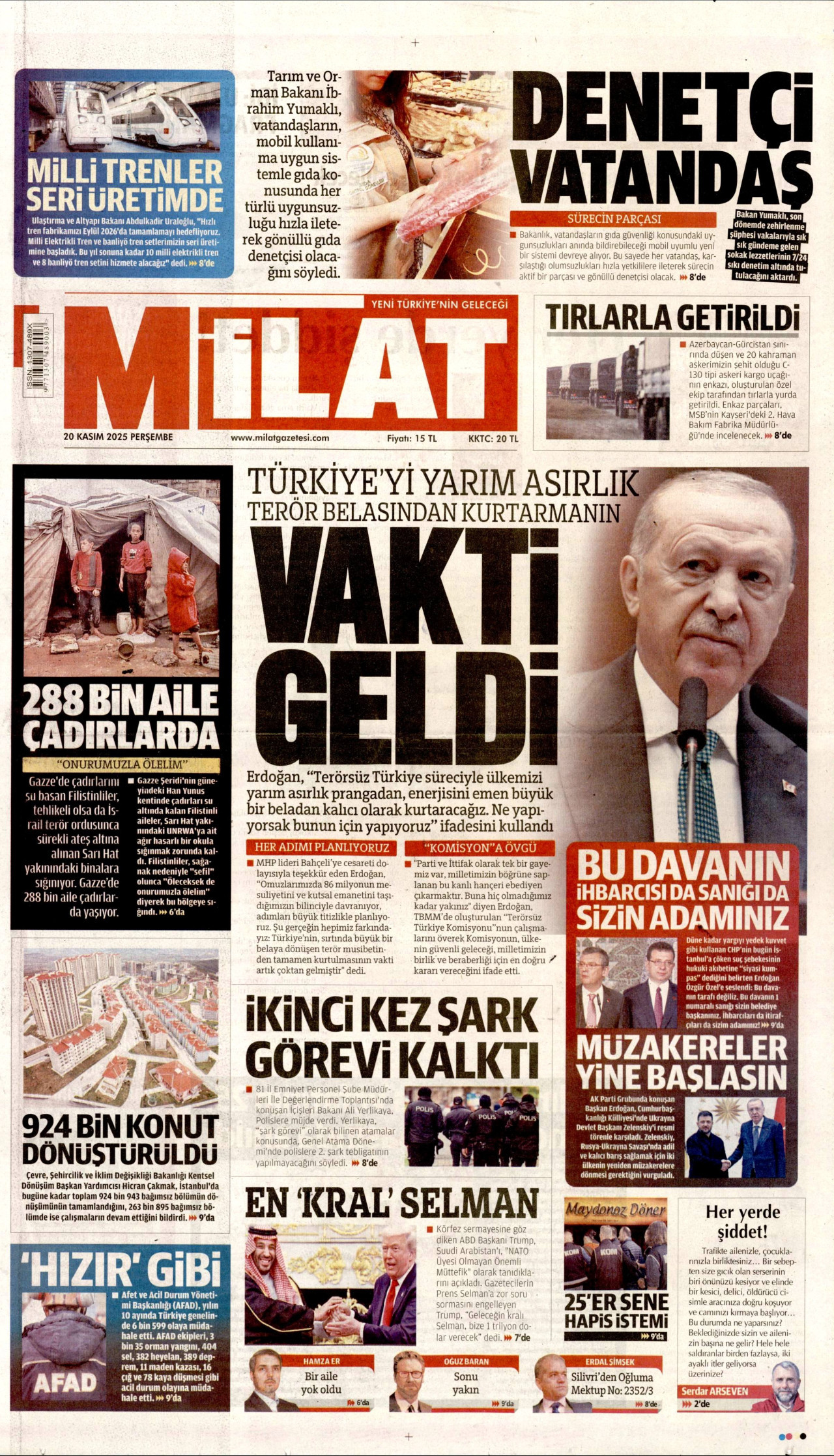 MİLAT gazetesinin 20 Kasım 2025 tarihli birinci sayfası