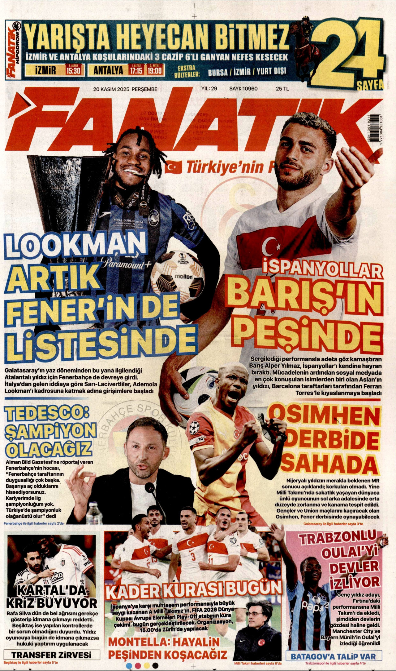 FANATİK gazetesinin 20 Kasım 2025 tarihli birinci sayfası