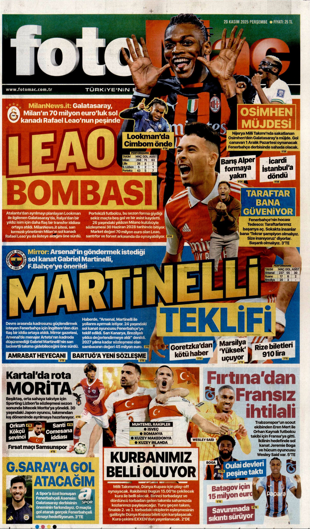 FOTOMAÇ gazetesinin 20 Kasım 2025 tarihli birinci sayfası