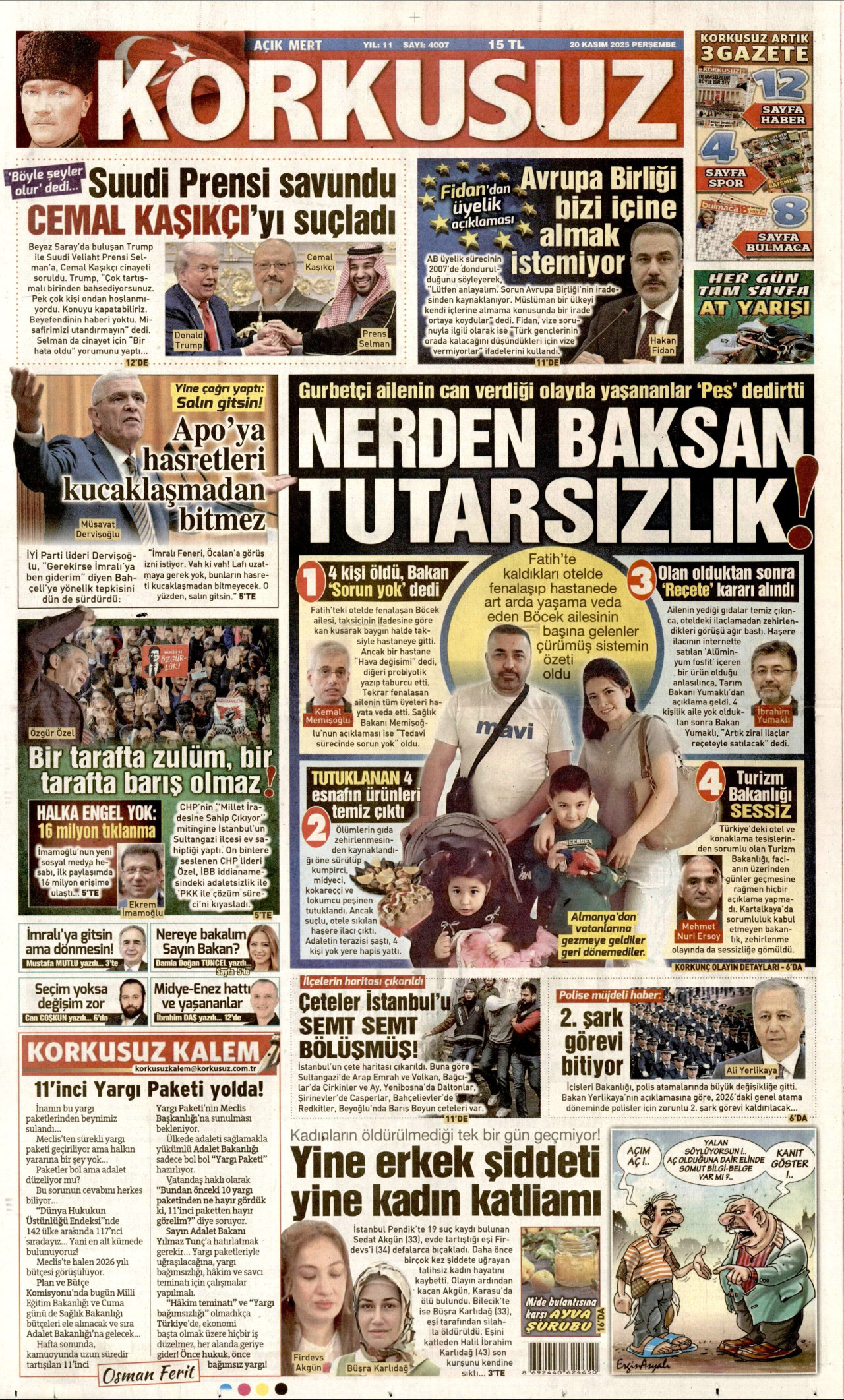 KORKUSUZ gazetesinin 20 Kasım 2025 tarihli birinci sayfası