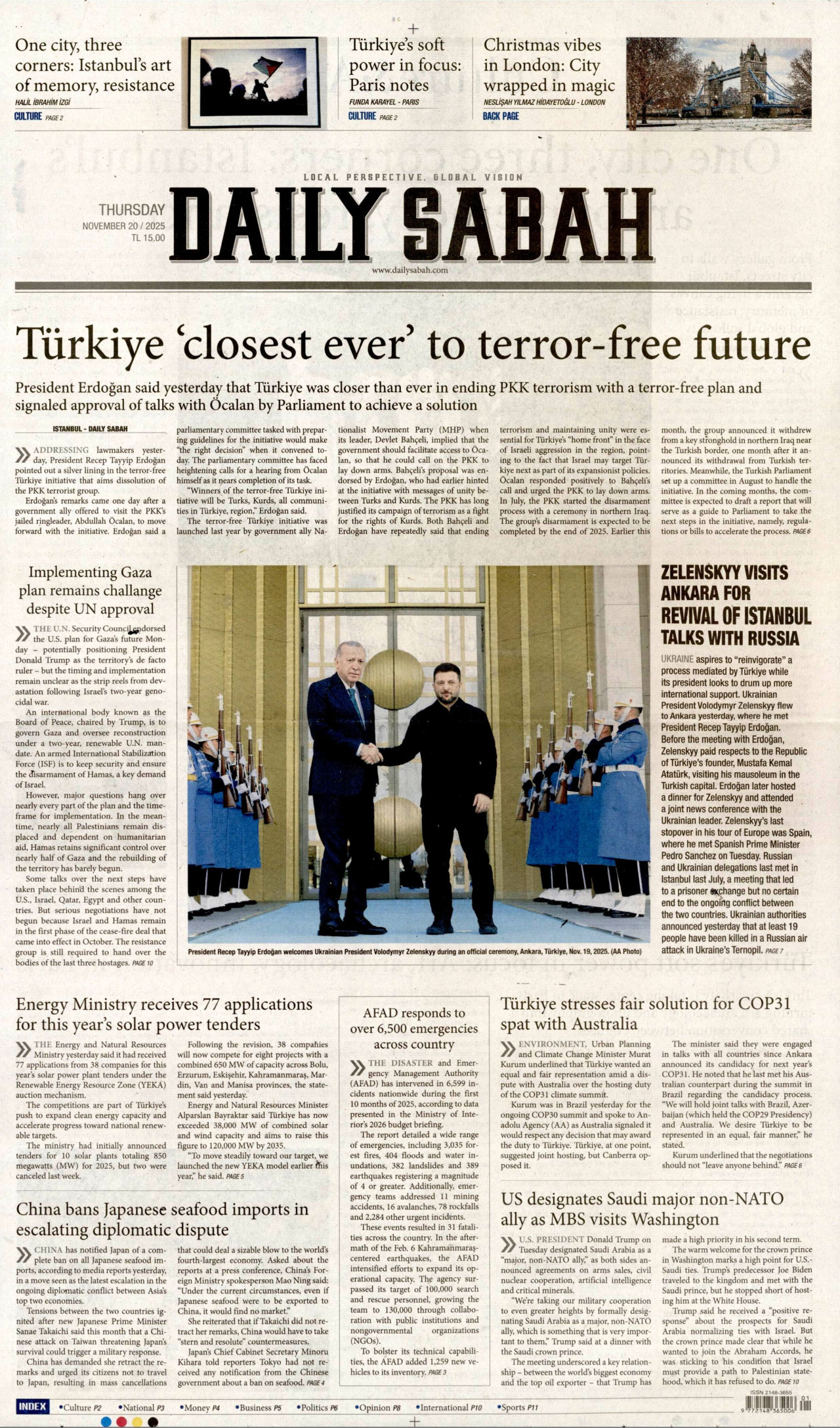 DAİLY SABAH gazetesinin 20 Kasım 2025 tarihli birinci sayfası