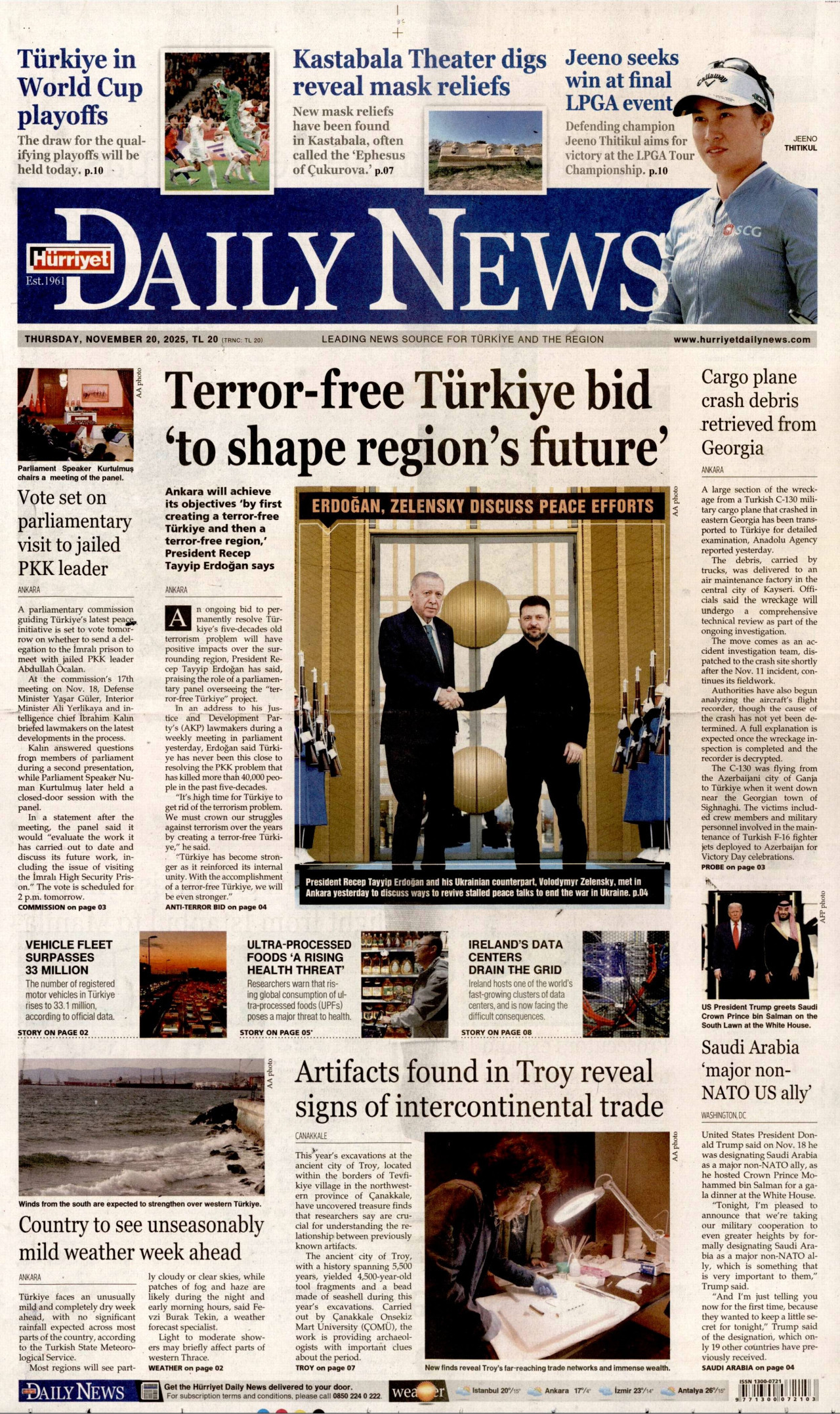 HÜRRİYET DAİLY NEWS gazetesinin 20 Kasım 2025 tarihli birinci sayfası
