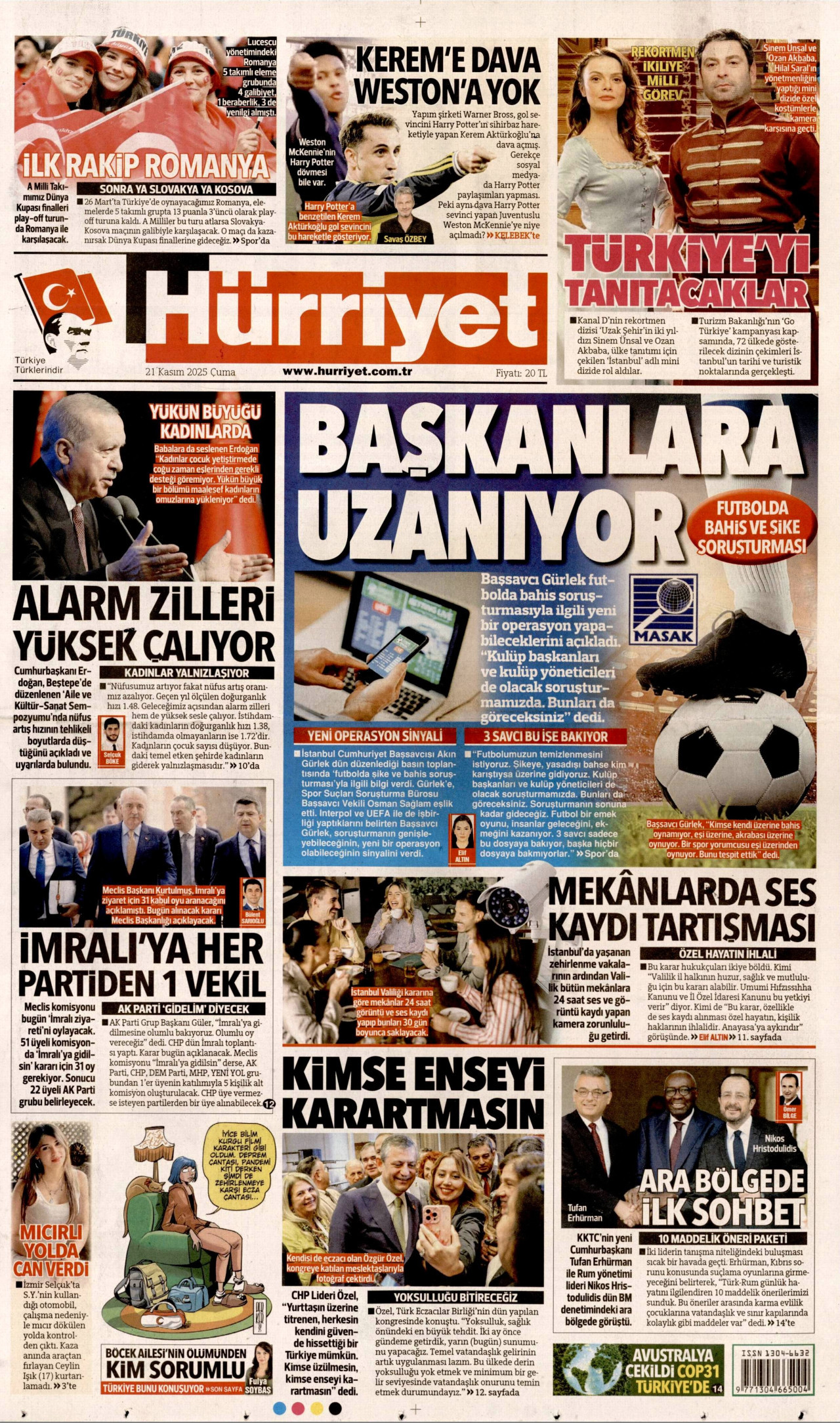 HÜRRİYET gazetesinin 21 Kasım 2025 tarihli birinci sayfası