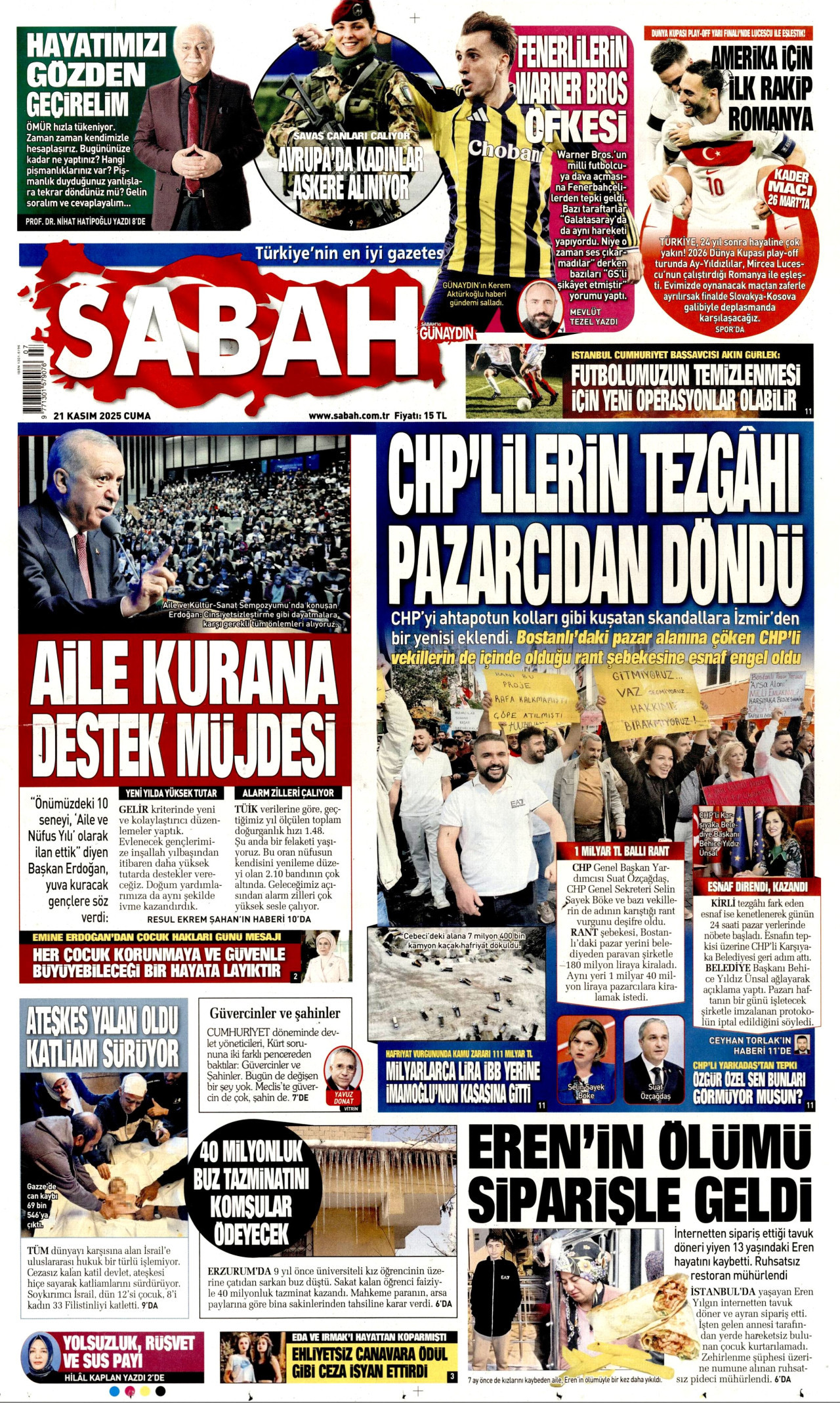 SABAH gazetesinin 21 Kasım 2025 tarihli birinci sayfası
