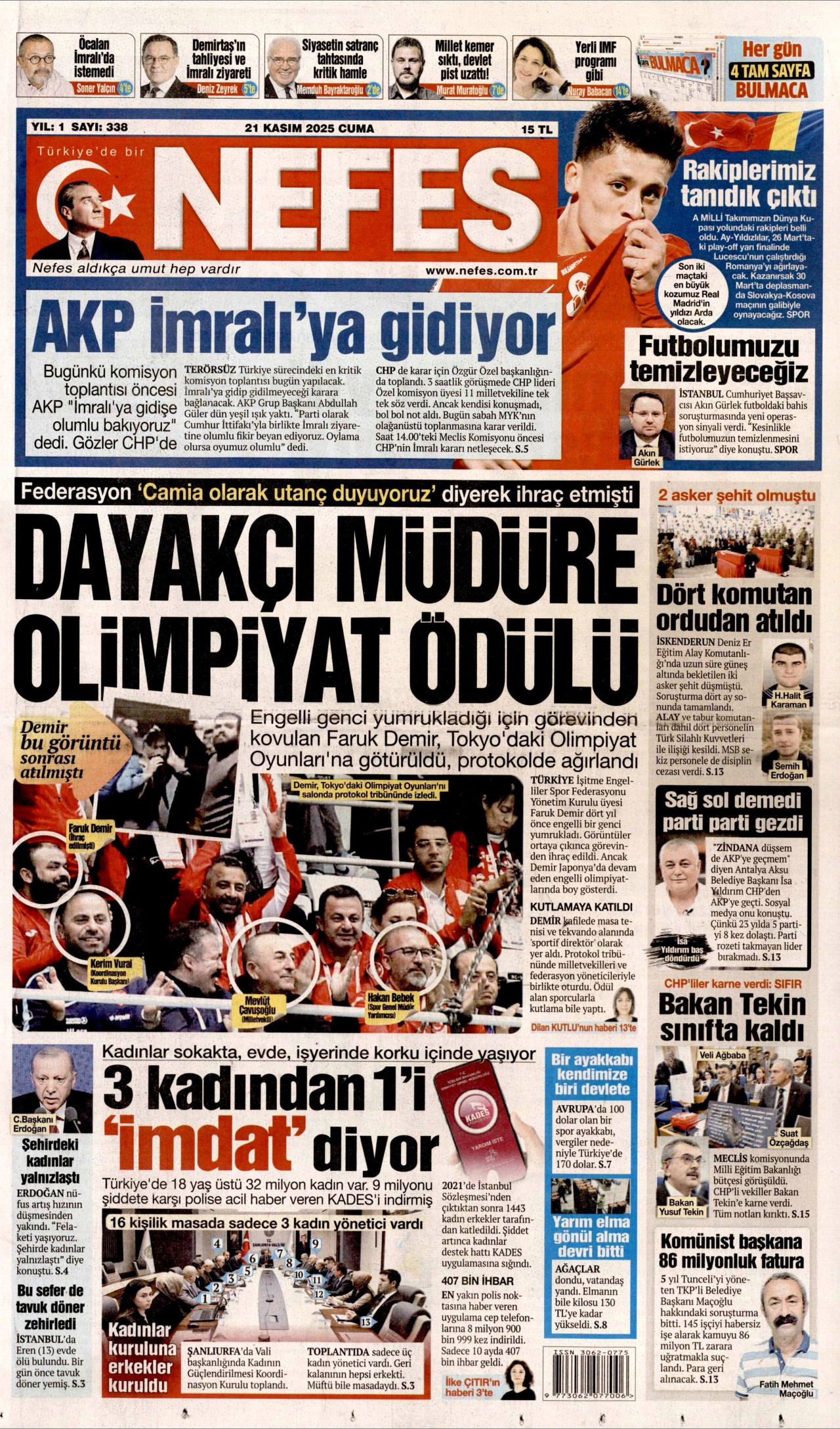 NEFES gazetesinin 21 Kasım 2025 tarihli birinci sayfası