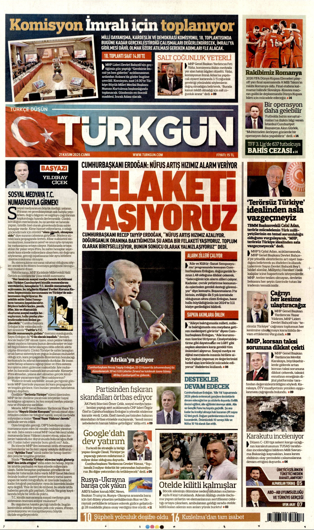 TÜRKGÜN gazetesinin 21 Kasım 2025 tarihli birinci sayfası