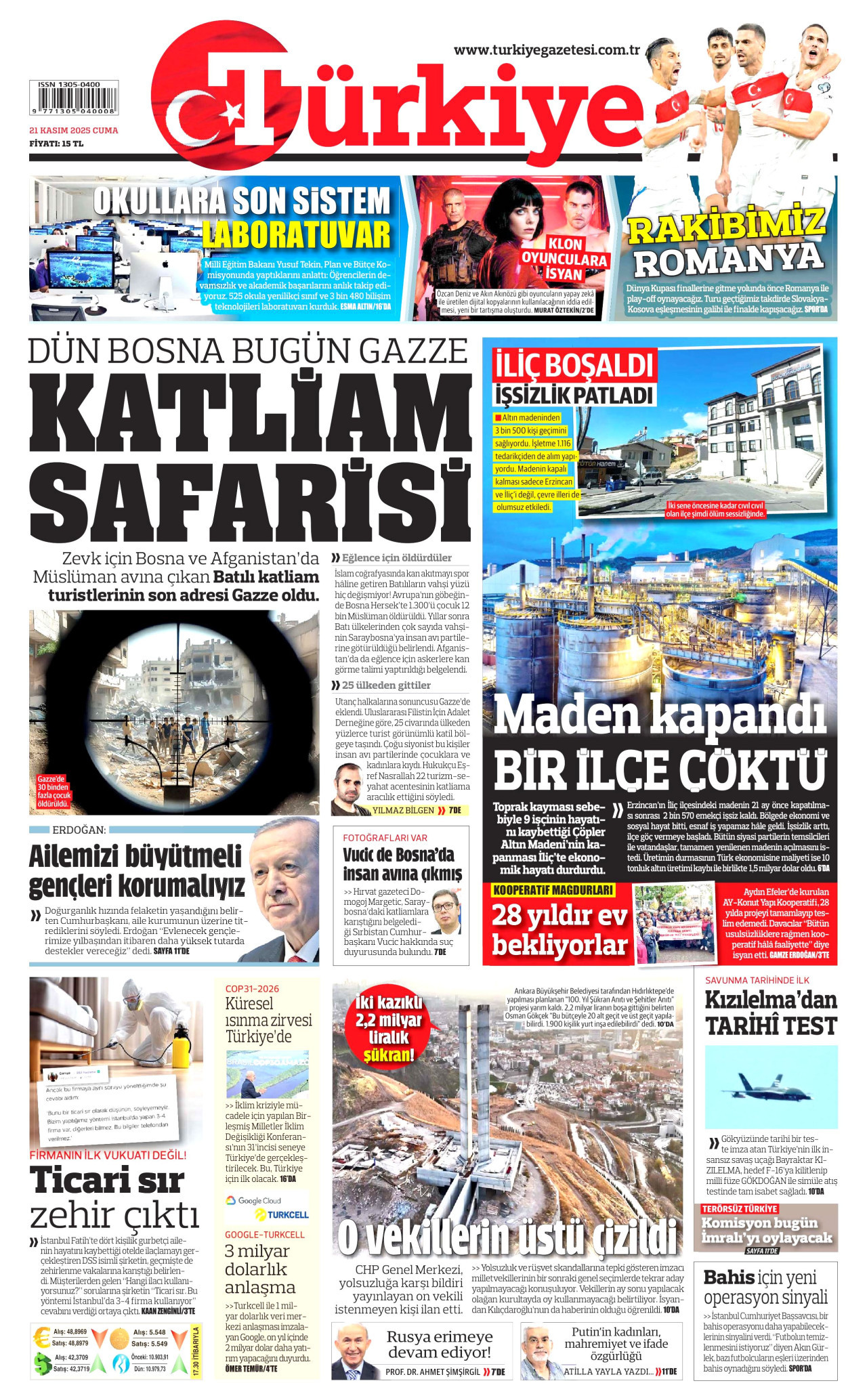 TÜRKİYE GAZETESİ gazetesinin 21 Kasım 2025 tarihli birinci sayfası