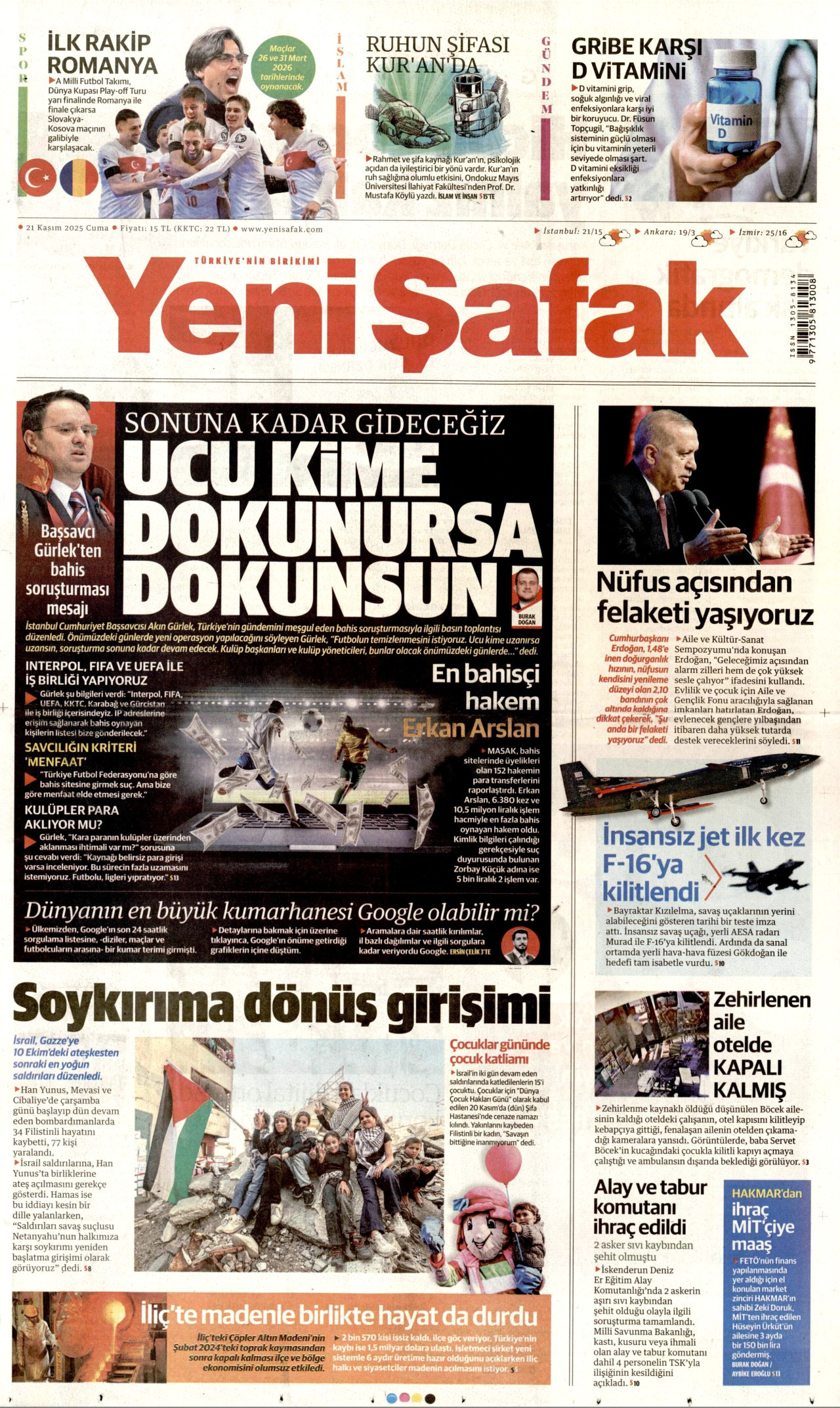 YENİ ŞAFAK gazetesinin 21 Kasım 2025 tarihli birinci sayfası