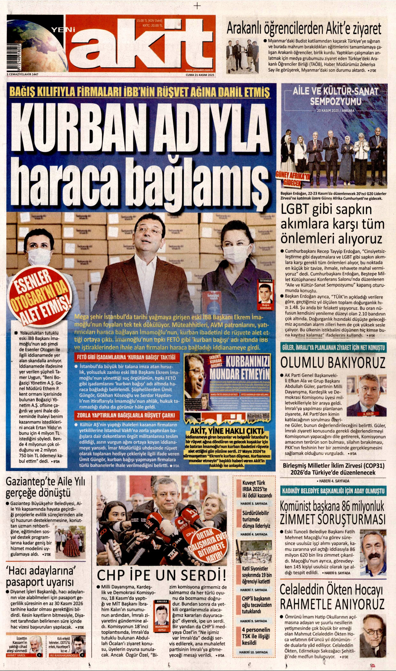 YENİ AKİT gazetesinin 21 Kasım 2025 tarihli birinci sayfası