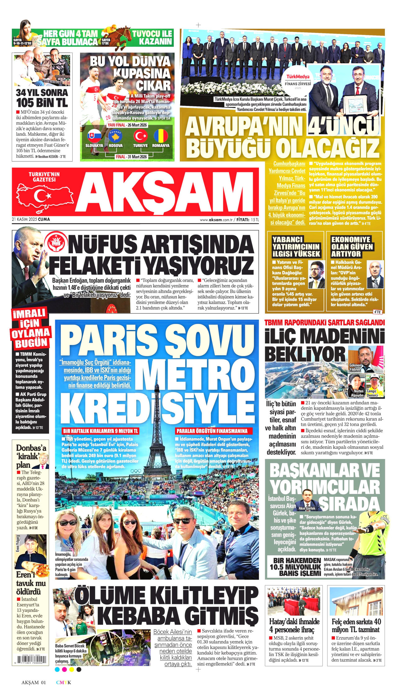 AKŞAM gazetesinin 21 Kasım 2025 tarihli birinci sayfası