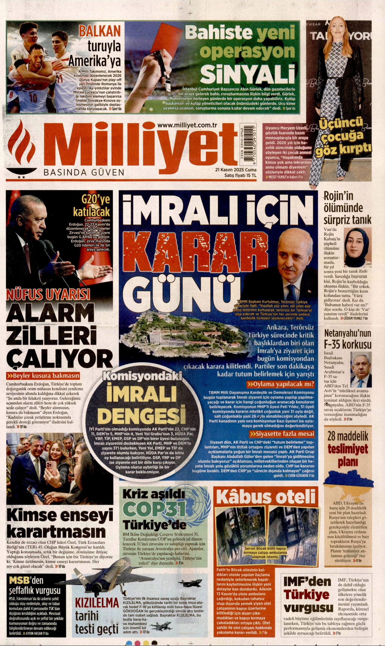 MİLLİYET gazetesinin 21 Kasım 2025 tarihli birinci sayfası