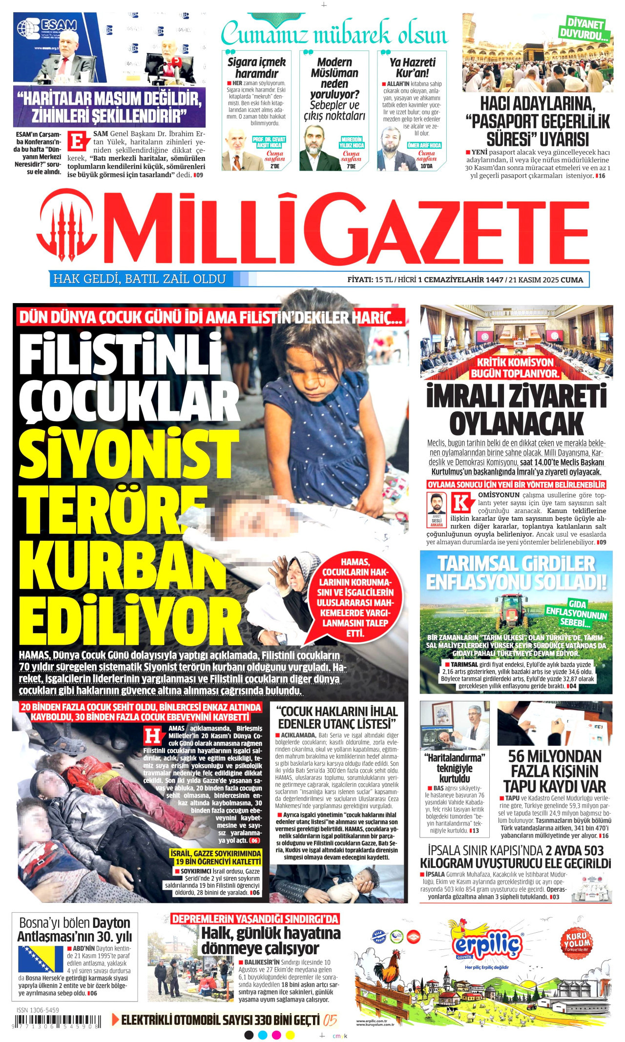 MİLLİ GAZETE gazetesinin 21 Kasım 2025 tarihli birinci sayfası