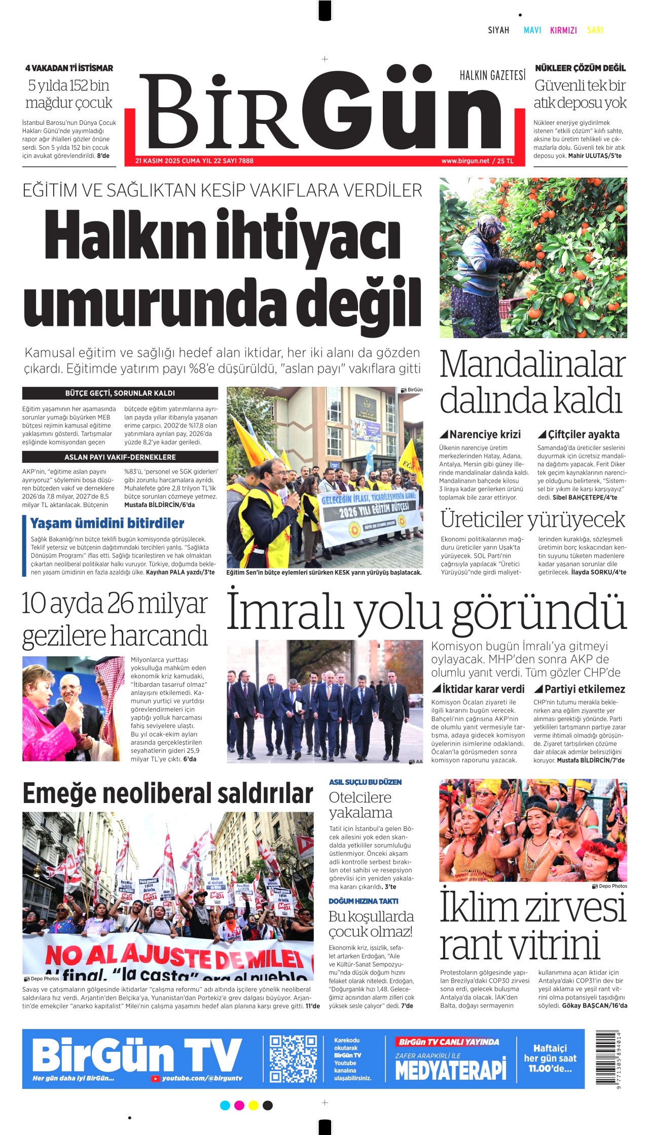 BİRGÜN gazetesinin 21 Kasım 2025 tarihli birinci sayfası