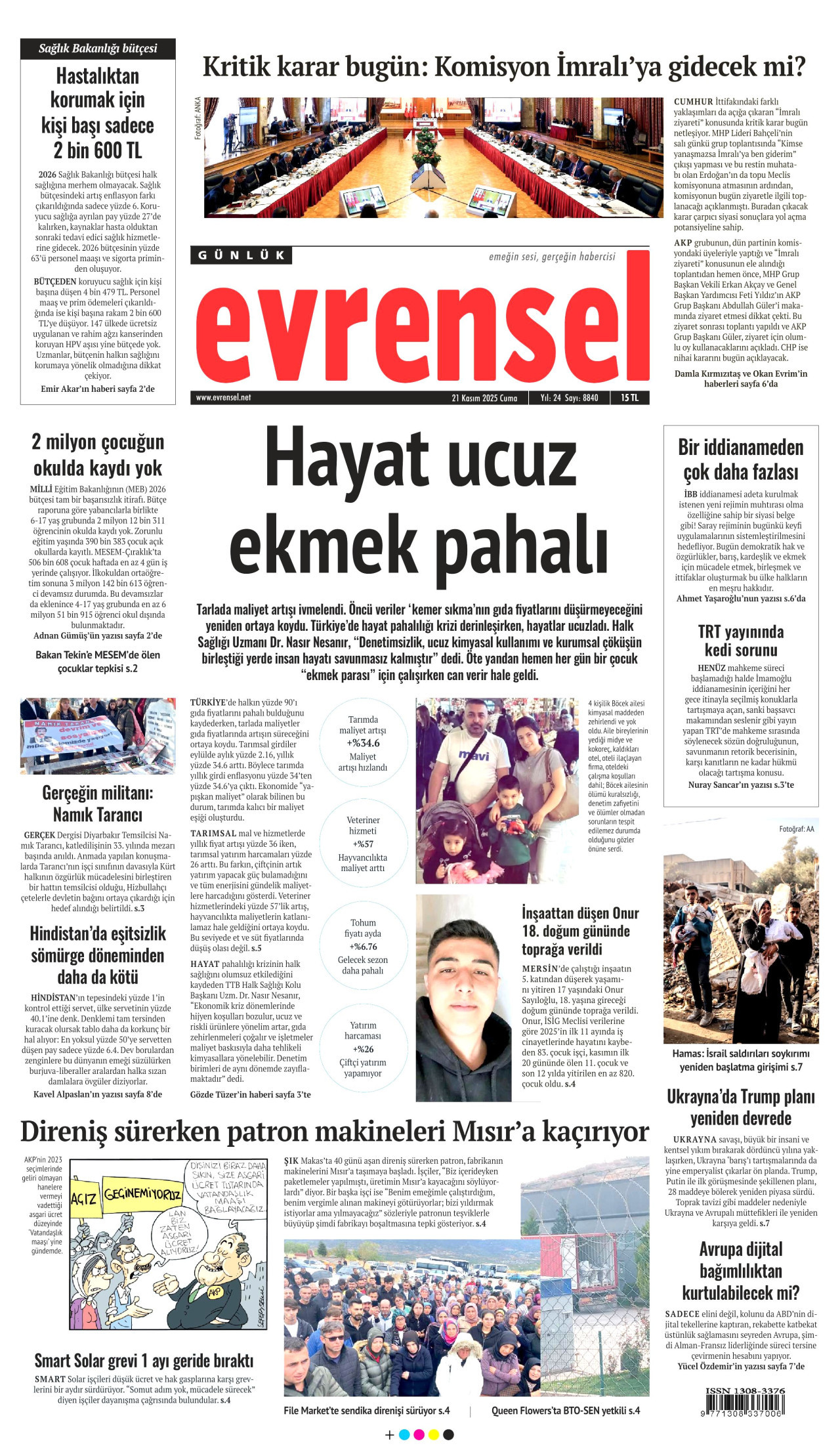 EVRENSEL gazetesinin 21 Kasım 2025 tarihli birinci sayfası