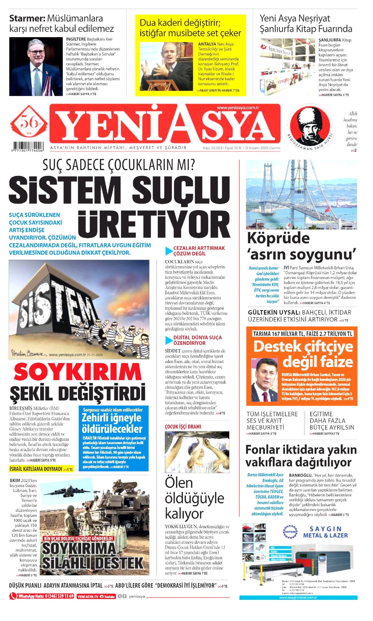 YENİ ASYA gazetesinin 21 Kasım 2025 tarihli birinci sayfası