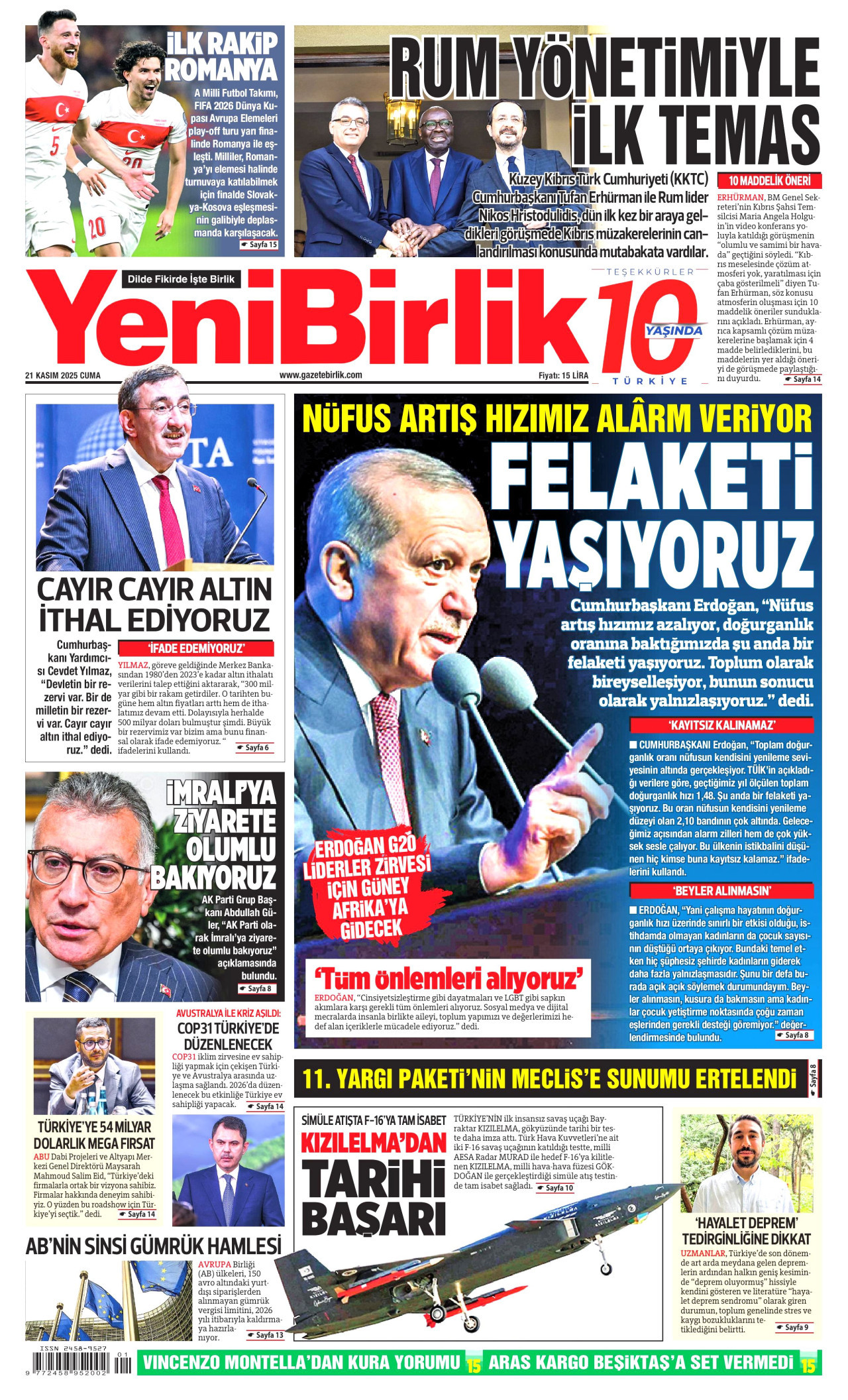 YENİBİRLİK gazetesinin 21 Kasım 2025 tarihli birinci sayfası