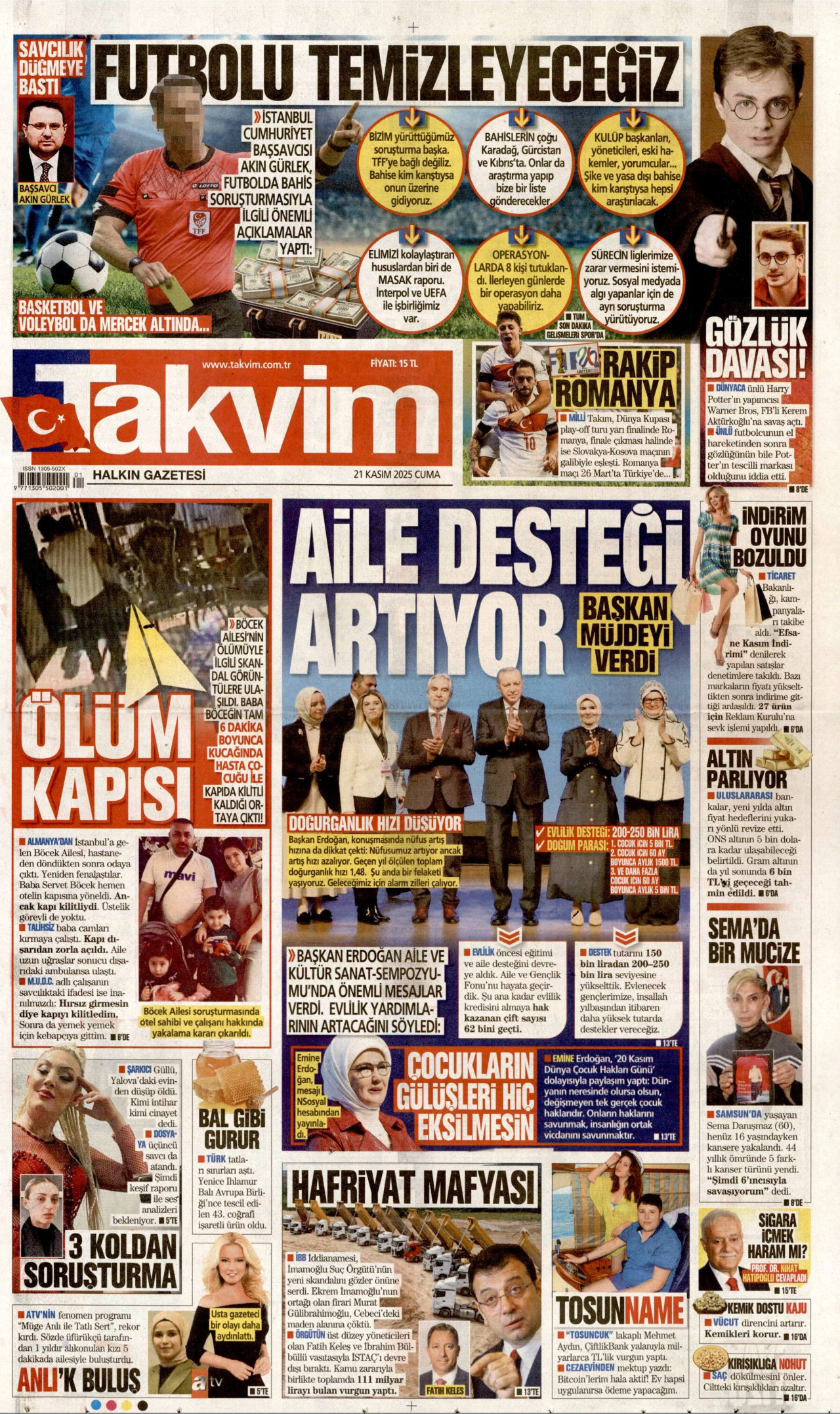 TAKVİM gazetesinin 21 Kasım 2025 tarihli birinci sayfası