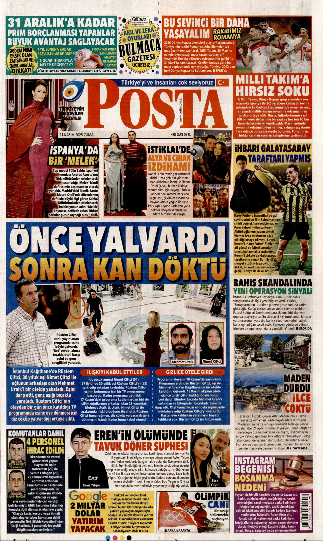 POSTA gazetesinin 21 Kasım 2025 tarihli birinci sayfası