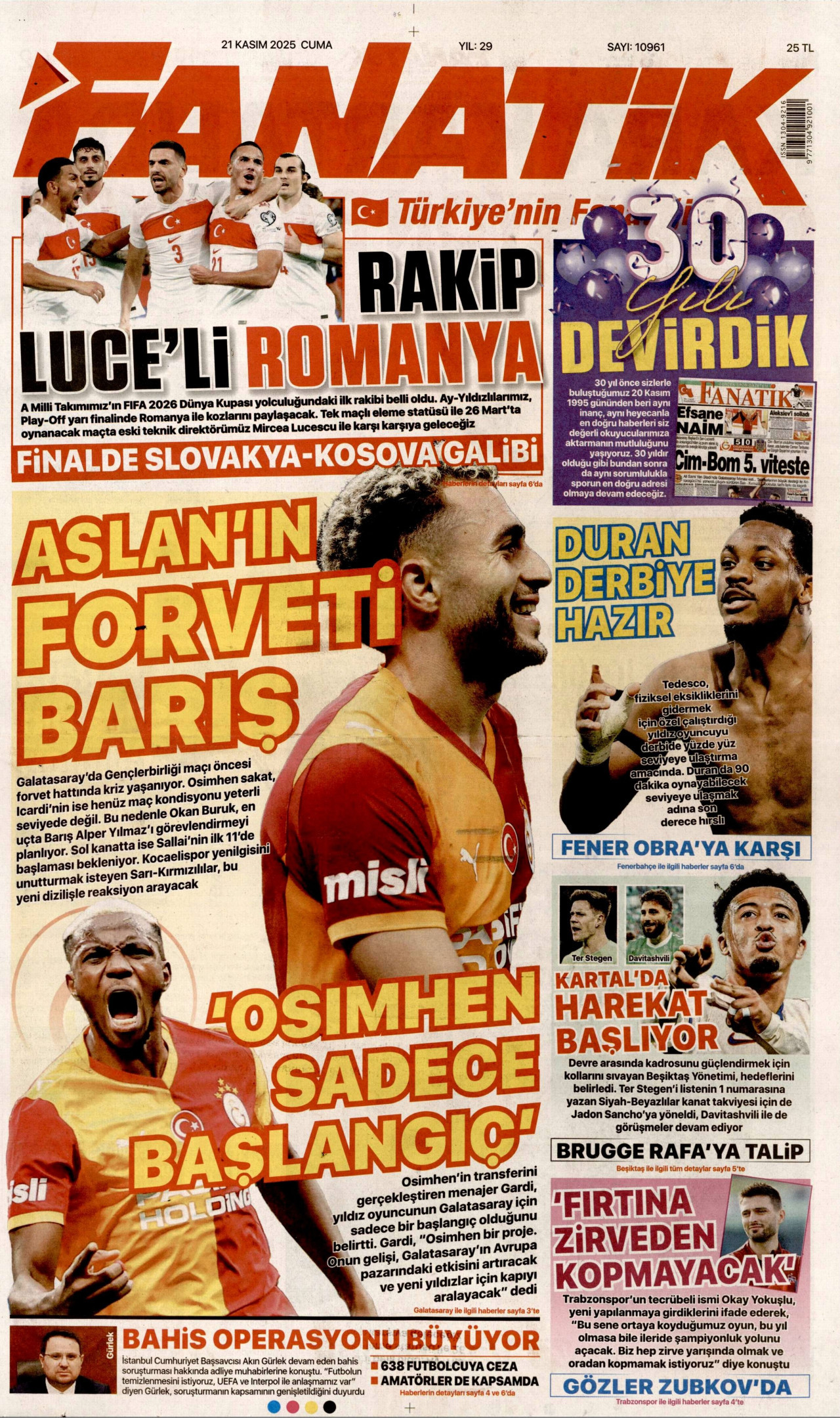 FANATİK gazetesinin 21 Kasım 2025 tarihli birinci sayfası