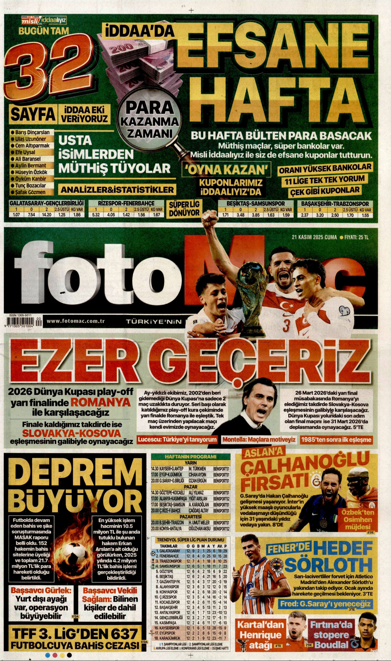 FOTOMAÇ gazetesinin 21 Kasım 2025 tarihli birinci sayfası