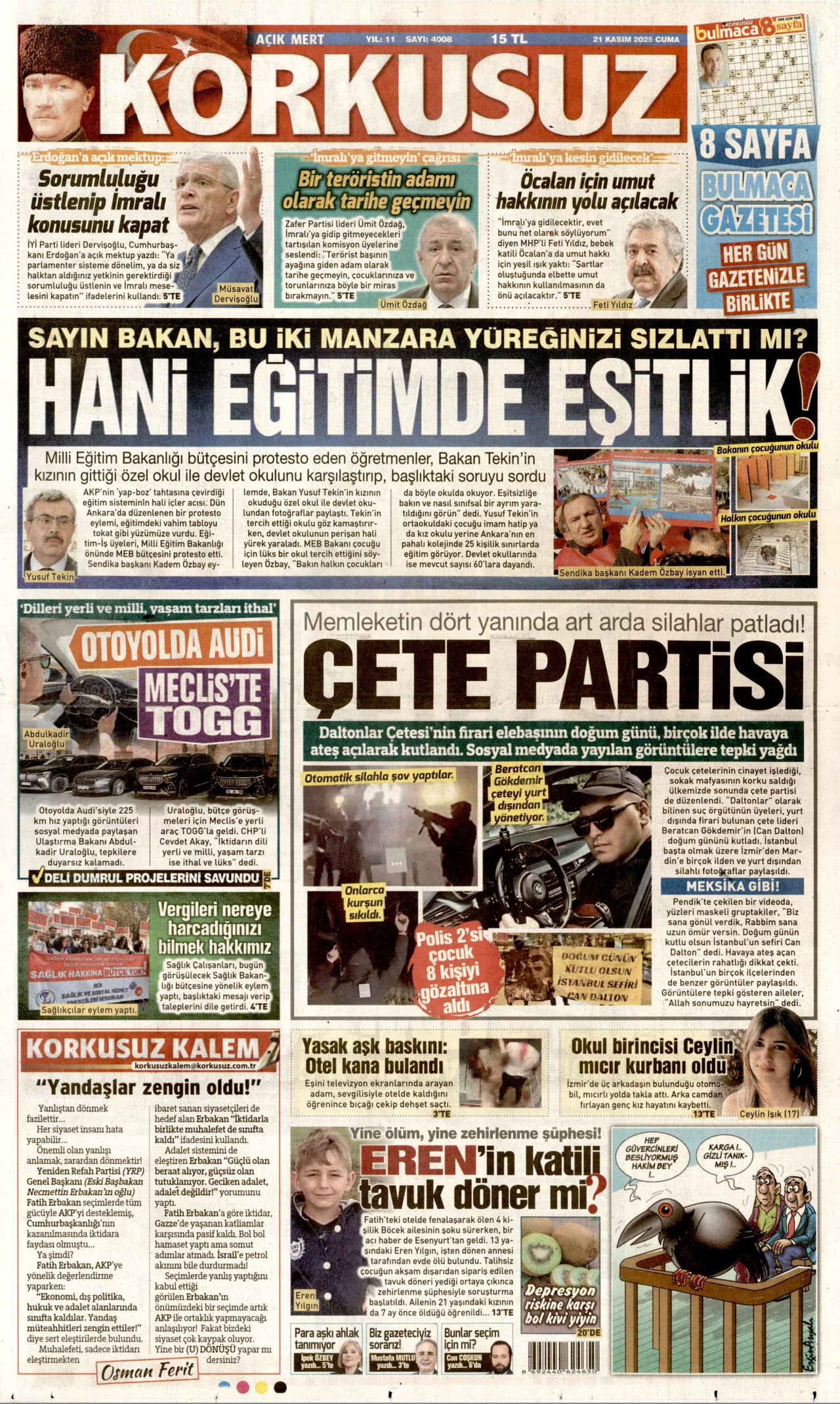 KORKUSUZ gazetesinin 21 Kasım 2025 tarihli birinci sayfası