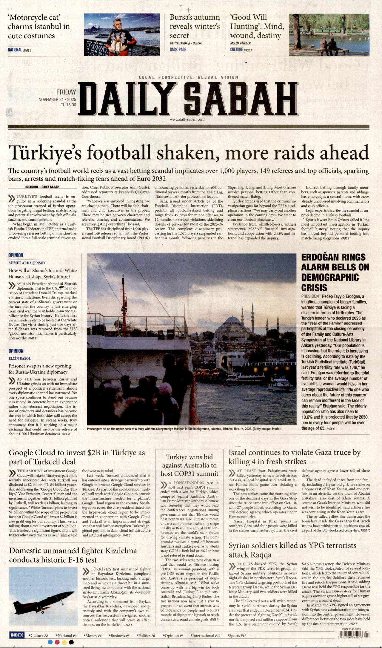 DAİLY SABAH gazetesinin 21 Kasım 2025 tarihli birinci sayfası