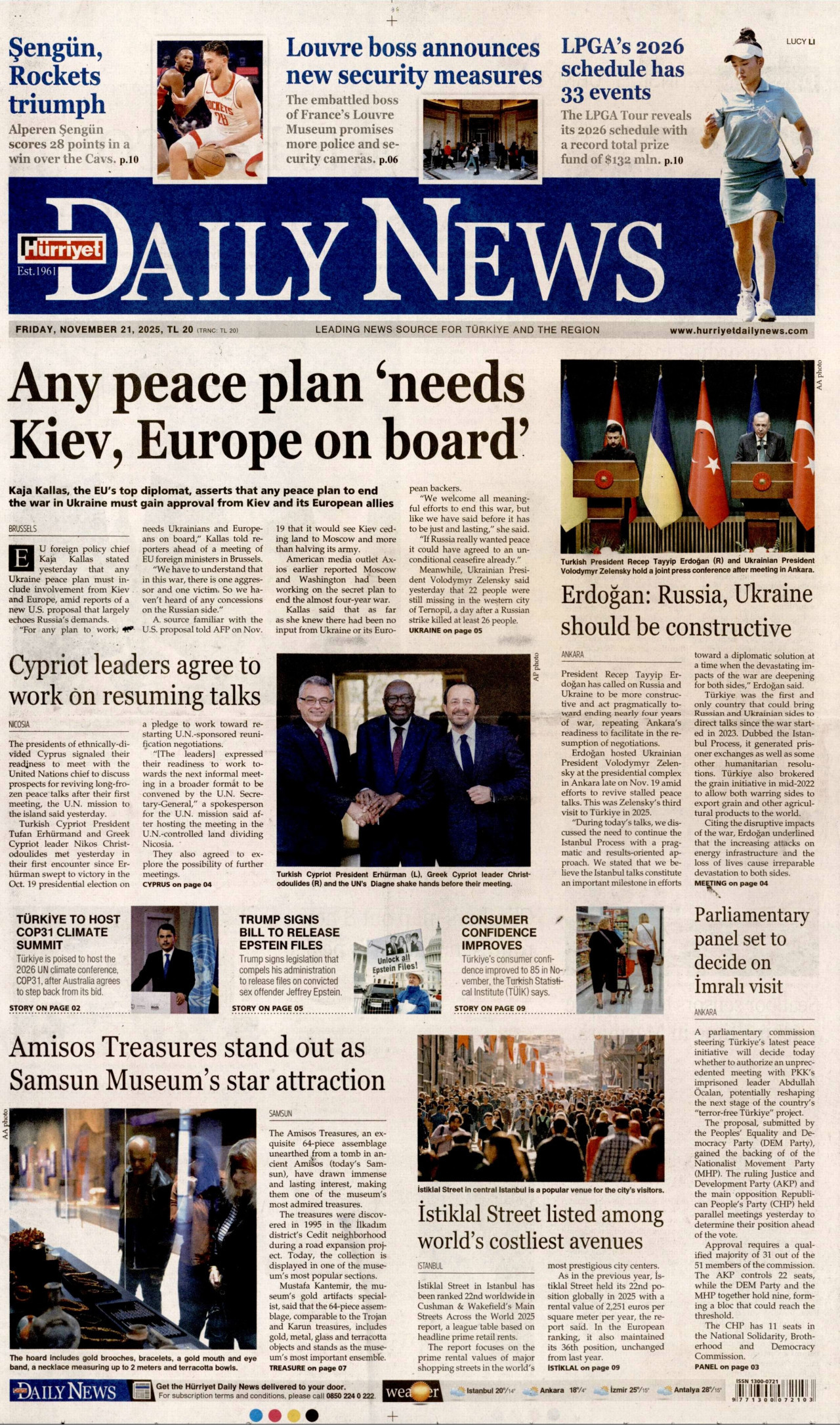 HÜRRİYET DAİLY NEWS gazetesinin 21 Kasım 2025 tarihli birinci sayfası