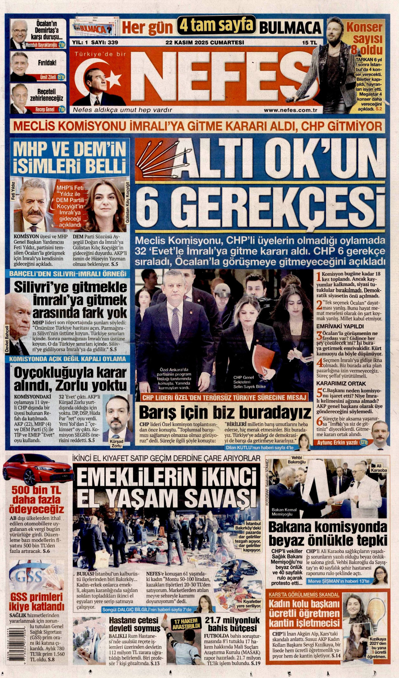 NEFES gazetesinin 22 Kasım 2025 tarihli birinci sayfası
