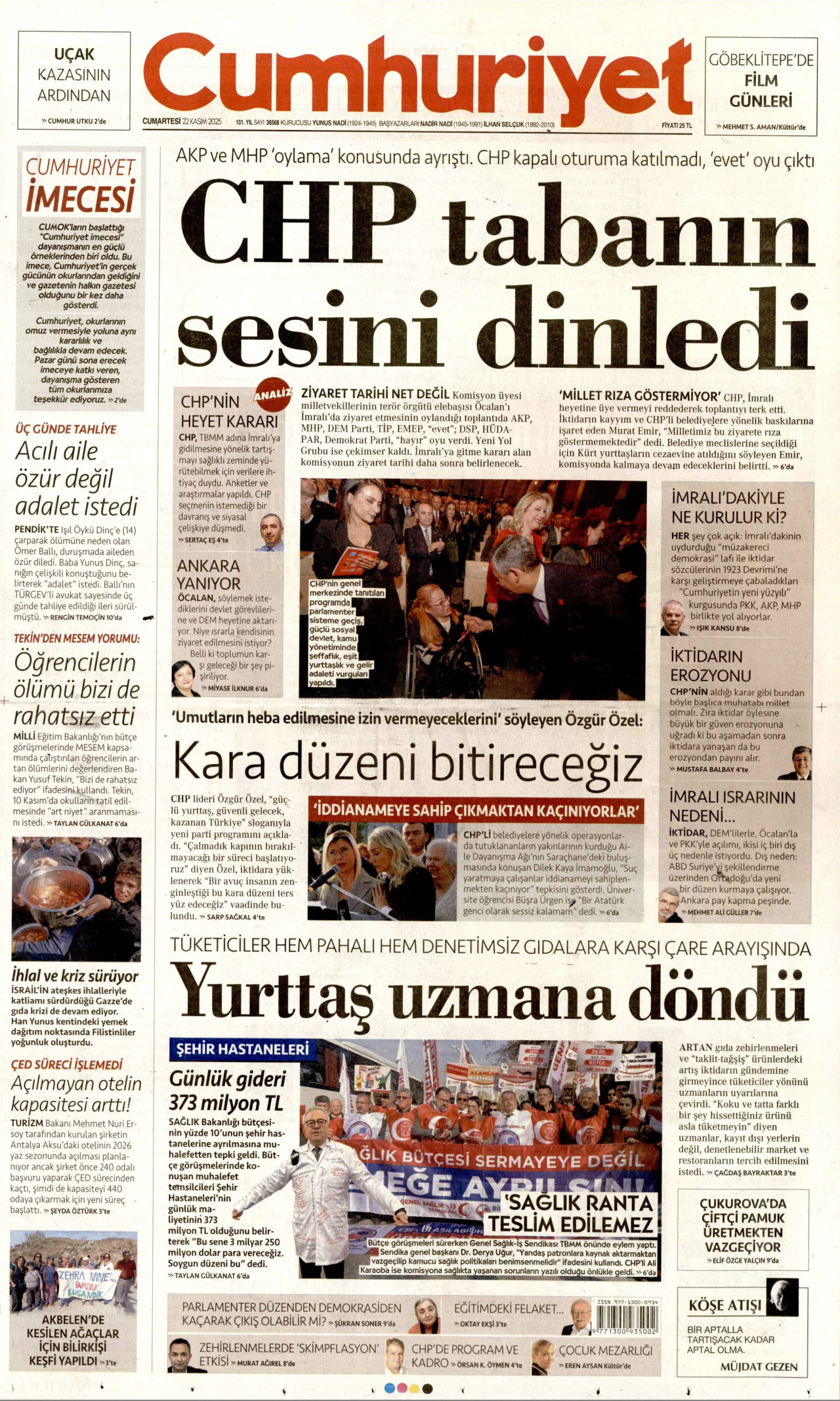 CUMHURİYET gazetesinin 22 Kasım 2025 tarihli birinci sayfası
