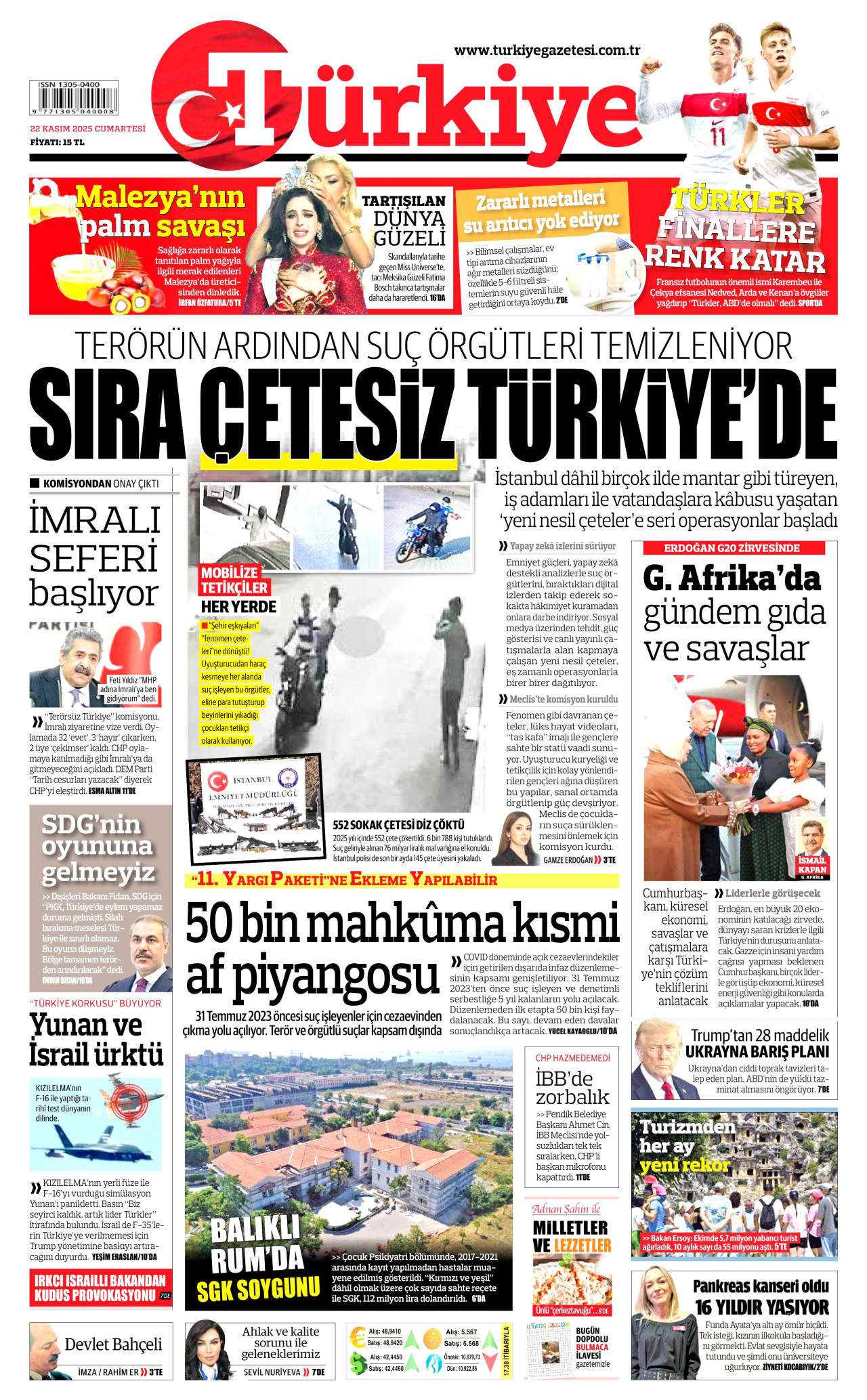 TÜRKİYE GAZETESİ gazetesinin 22 Kasım 2025 tarihli birinci sayfası