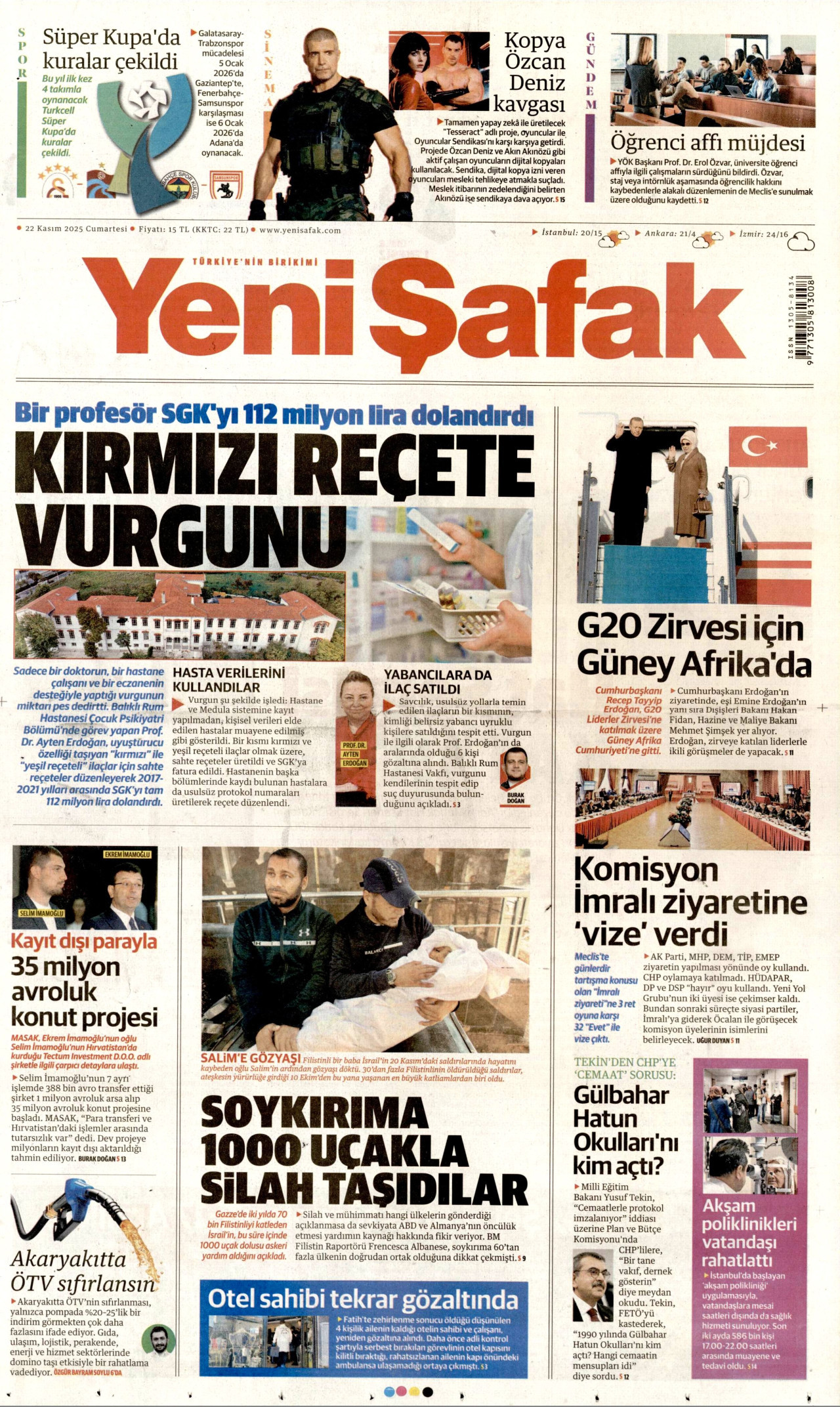 YENİ ŞAFAK gazetesinin 22 Kasım 2025 tarihli birinci sayfası