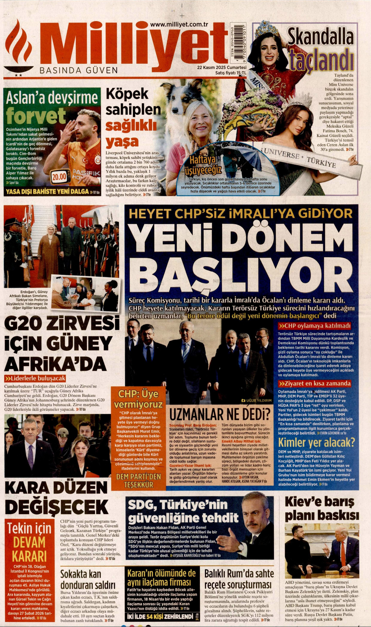 MİLLİYET gazetesinin 22 Kasım 2025 tarihli birinci sayfası