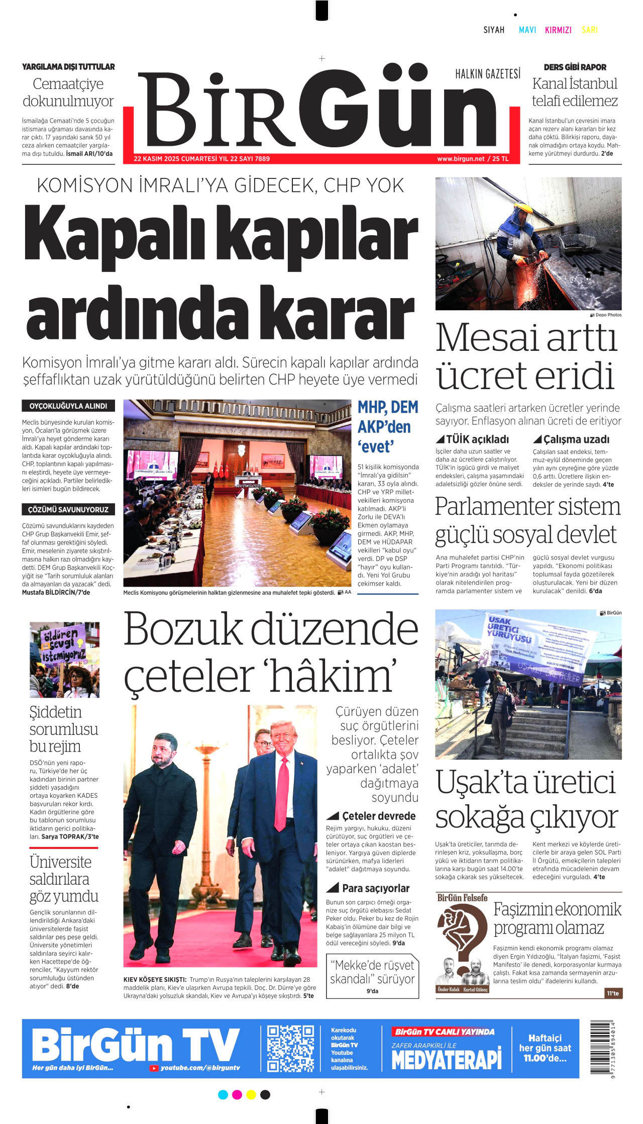 BİRGÜN gazetesinin 22 Kasım 2025 tarihli birinci sayfası