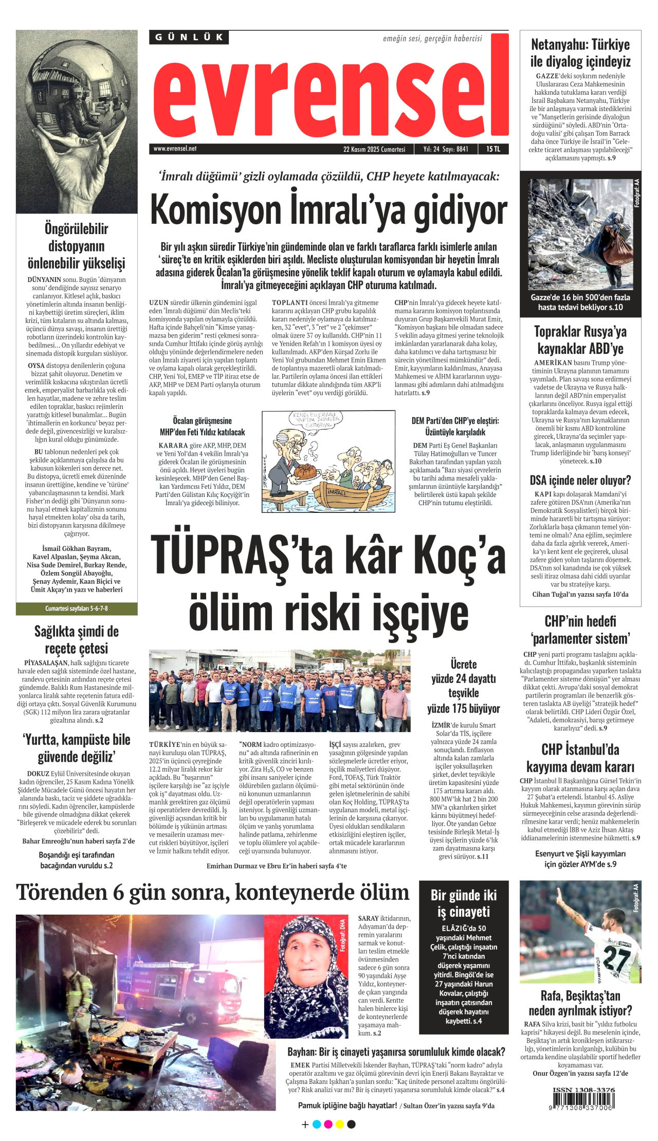EVRENSEL gazetesinin 22 Kasım 2025 tarihli birinci sayfası