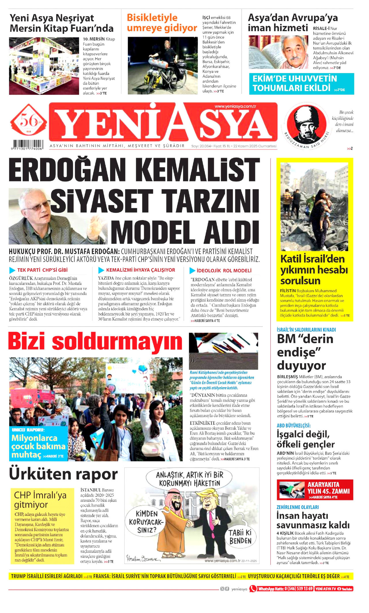 YENİ ASYA gazetesinin 22 Kasım 2025 tarihli birinci sayfası