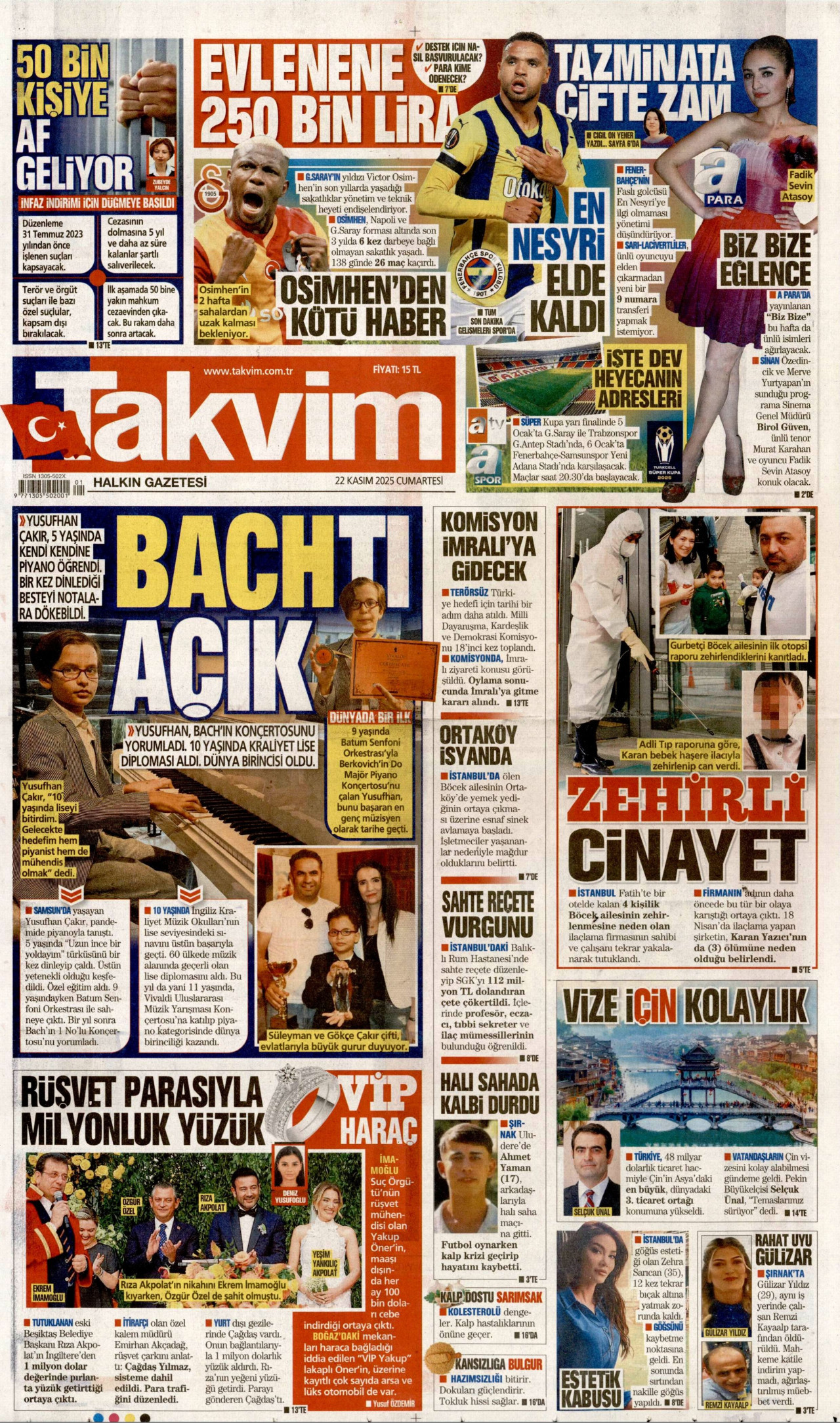 TAKVİM gazetesinin 22 Kasım 2025 tarihli birinci sayfası