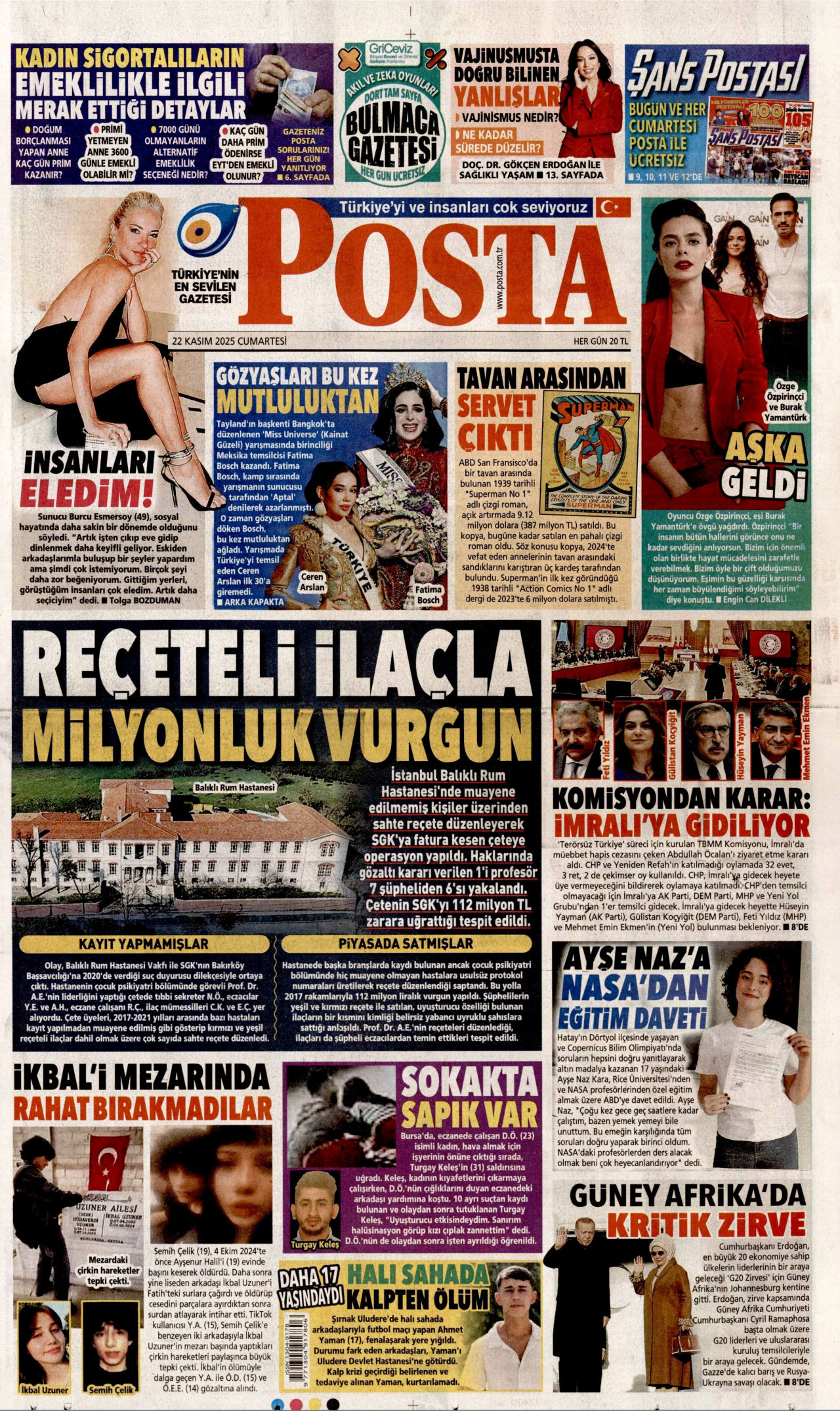 POSTA gazetesinin 22 Kasım 2025 tarihli birinci sayfası