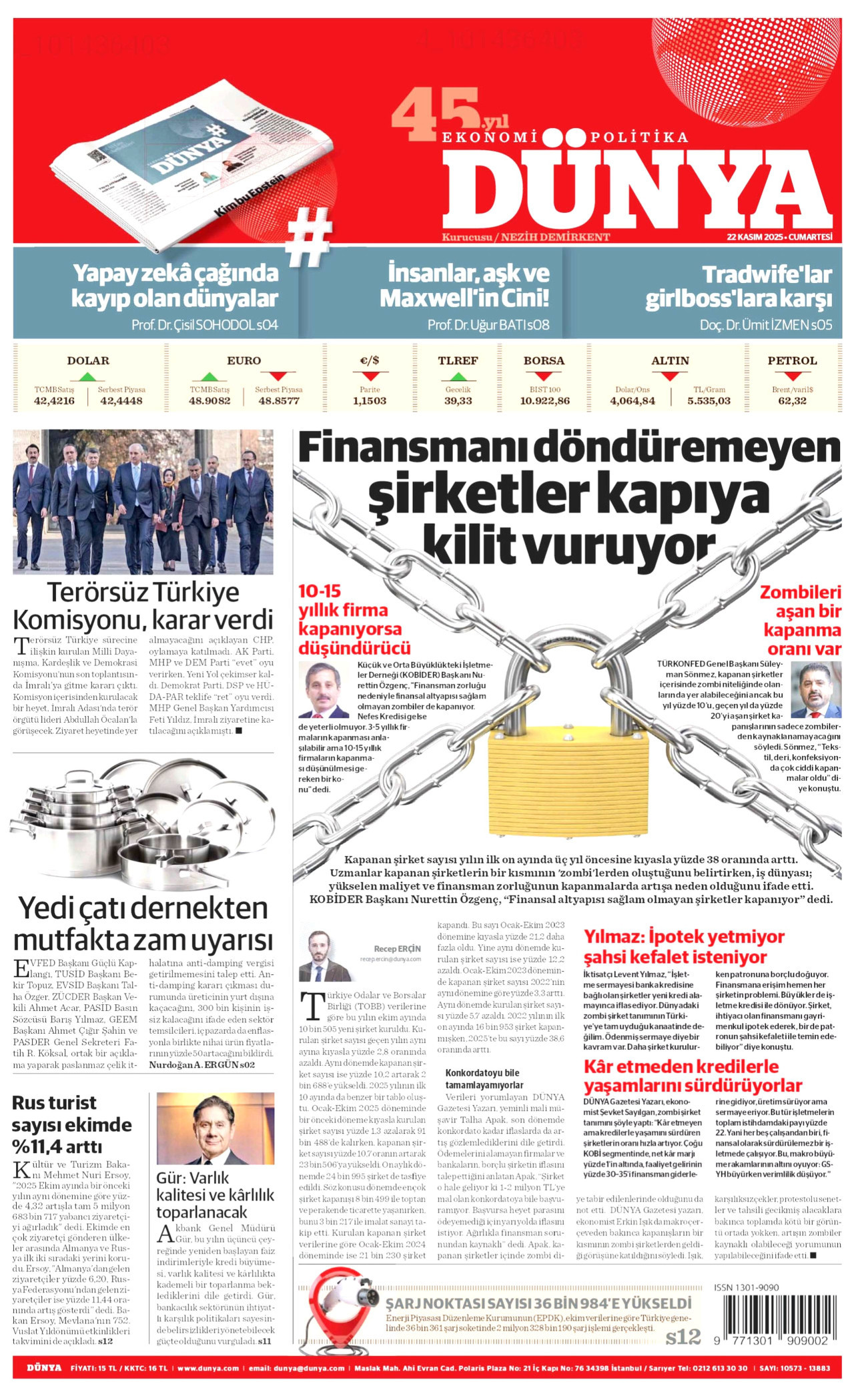 DÜNYA gazetesinin 22 Kasım 2025 tarihli birinci sayfası