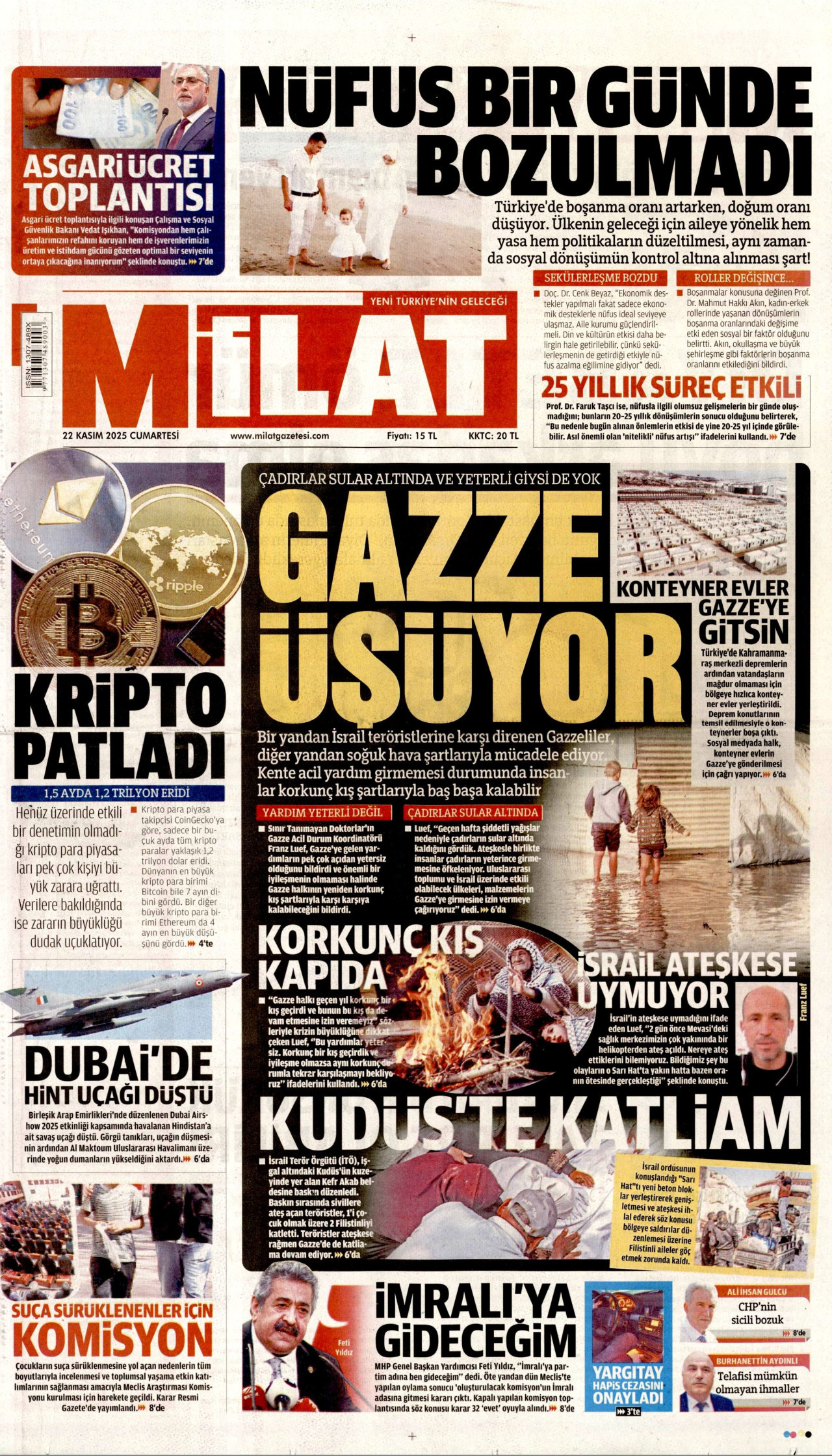 MİLAT gazetesinin 22 Kasım 2025 tarihli birinci sayfası