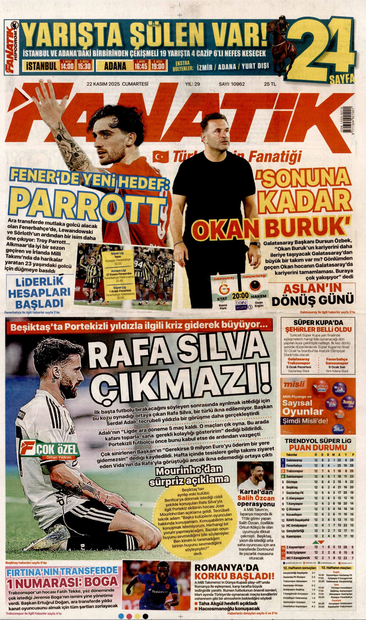 FANATİK gazetesinin 22 Kasım 2025 tarihli birinci sayfası
