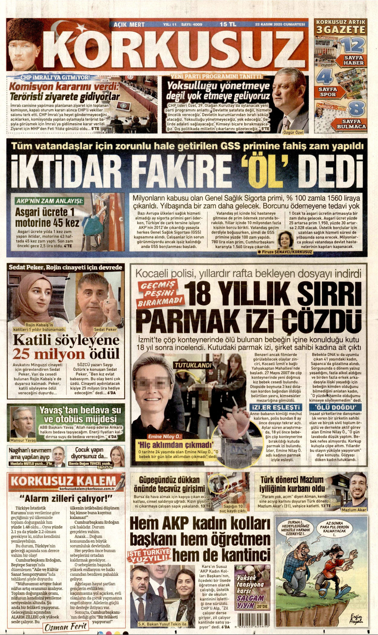 KORKUSUZ gazetesinin 22 Kasım 2025 tarihli birinci sayfası