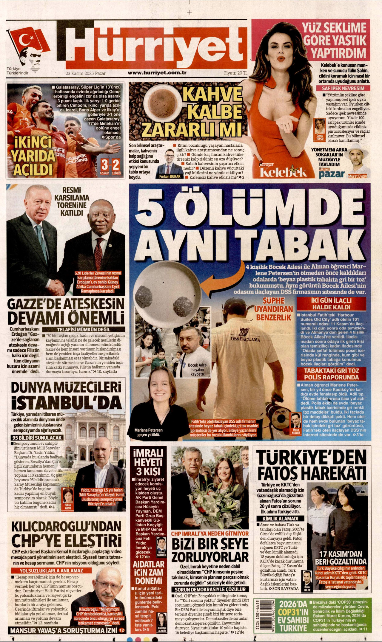 HÜRRİYET gazetesinin 23 Kasım 2025 tarihli birinci sayfası