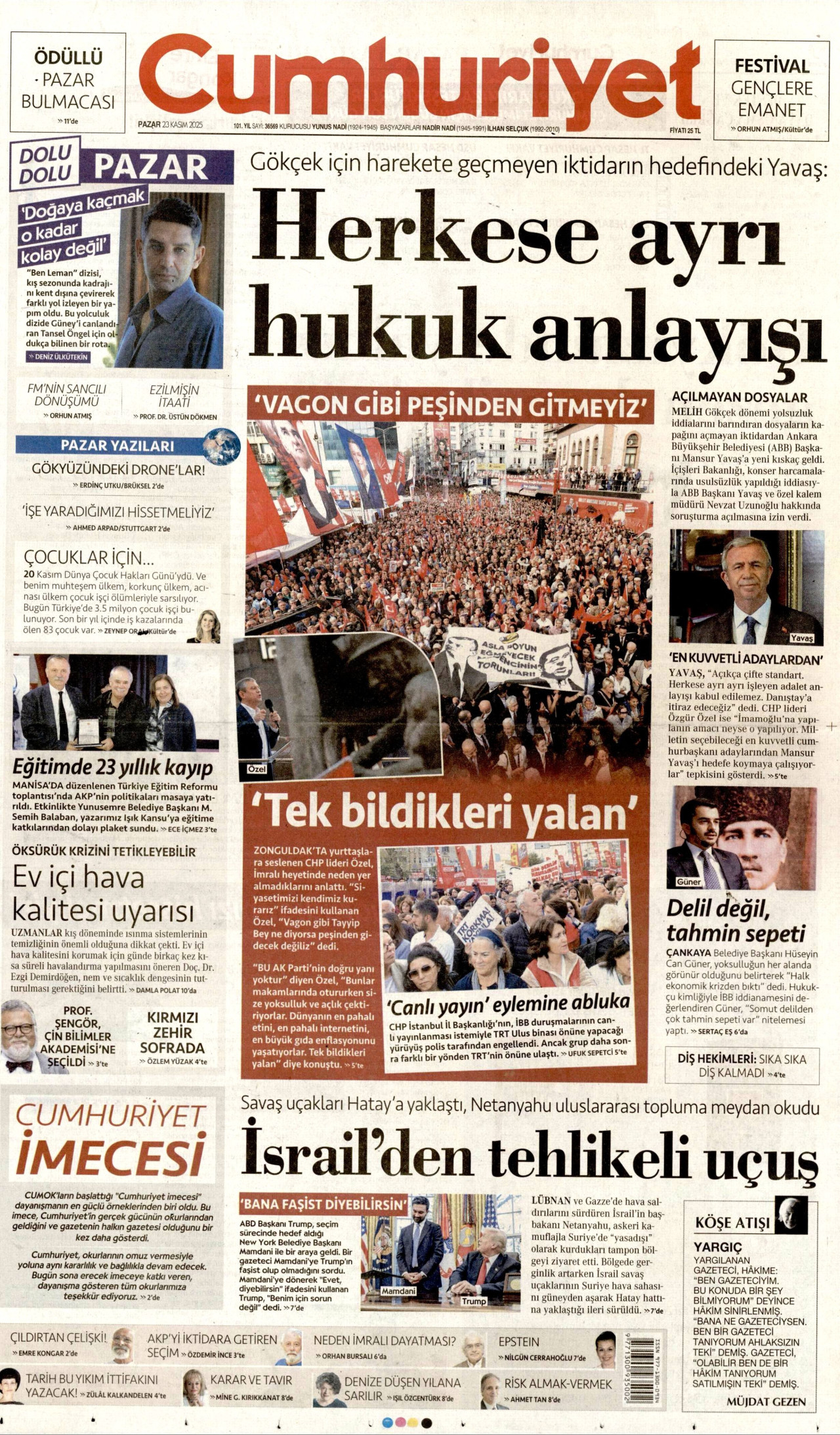CUMHURİYET gazetesinin 23 Kasım 2025 tarihli birinci sayfası