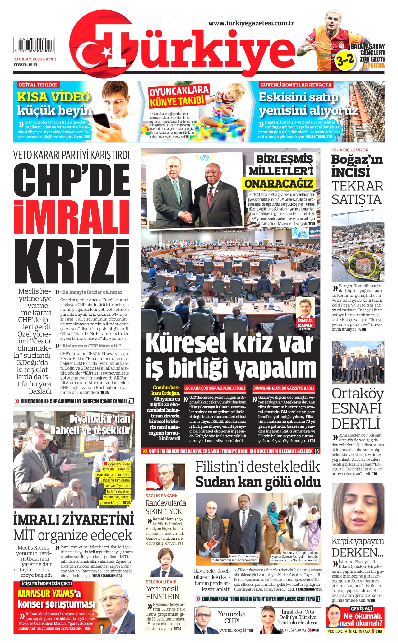 TÜRKİYE GAZETESİ gazetesinin 23 Kasım 2025 tarihli birinci sayfası