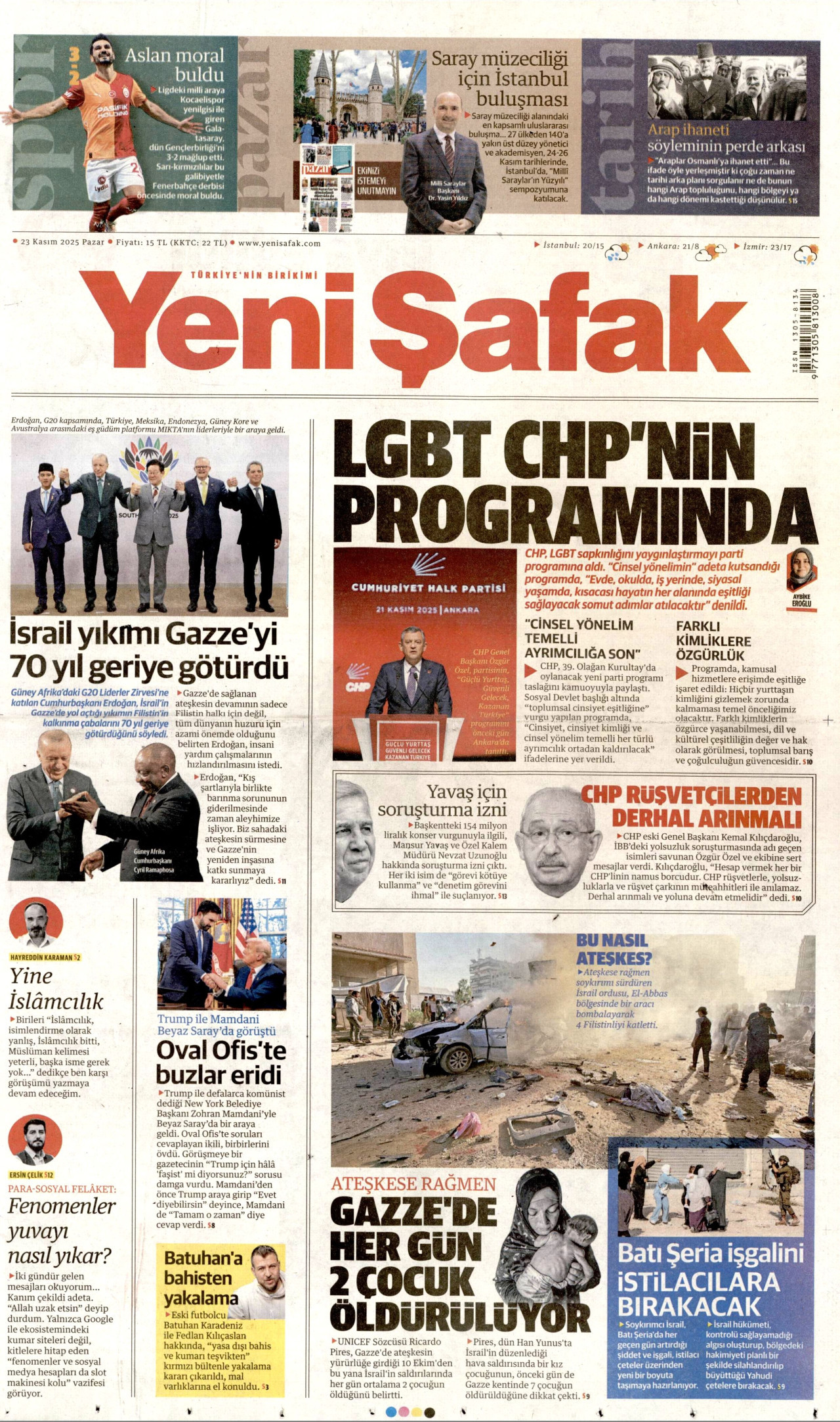 YENİ ŞAFAK gazetesinin 23 Kasım 2025 tarihli birinci sayfası
