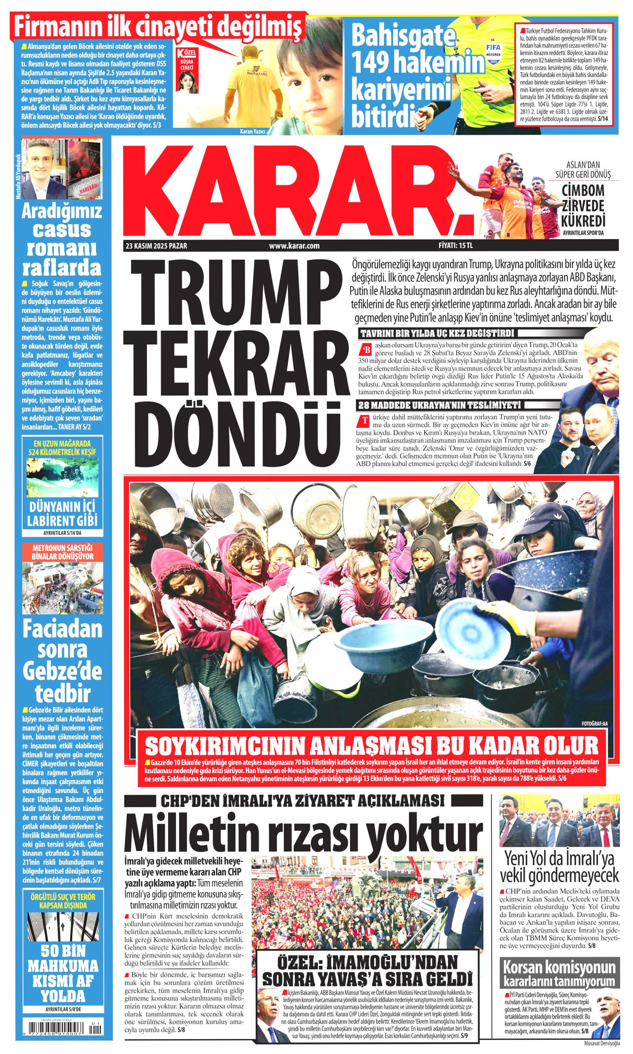 KARAR gazetesinin 23 Kasım 2025 tarihli birinci sayfası