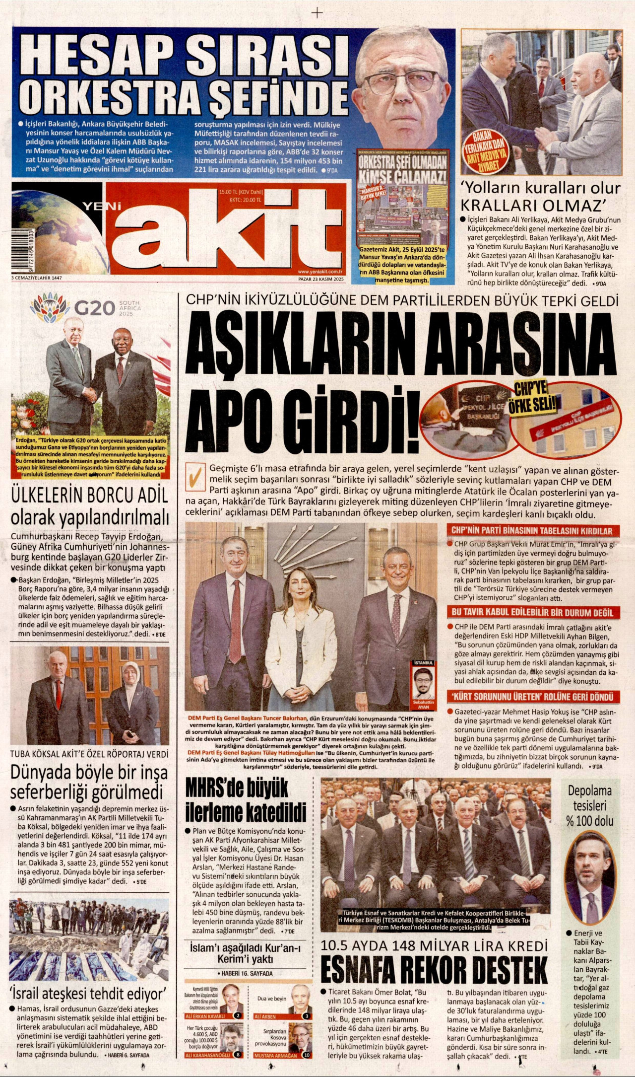 YENİ AKİT gazetesinin 23 Kasım 2025 tarihli birinci sayfası